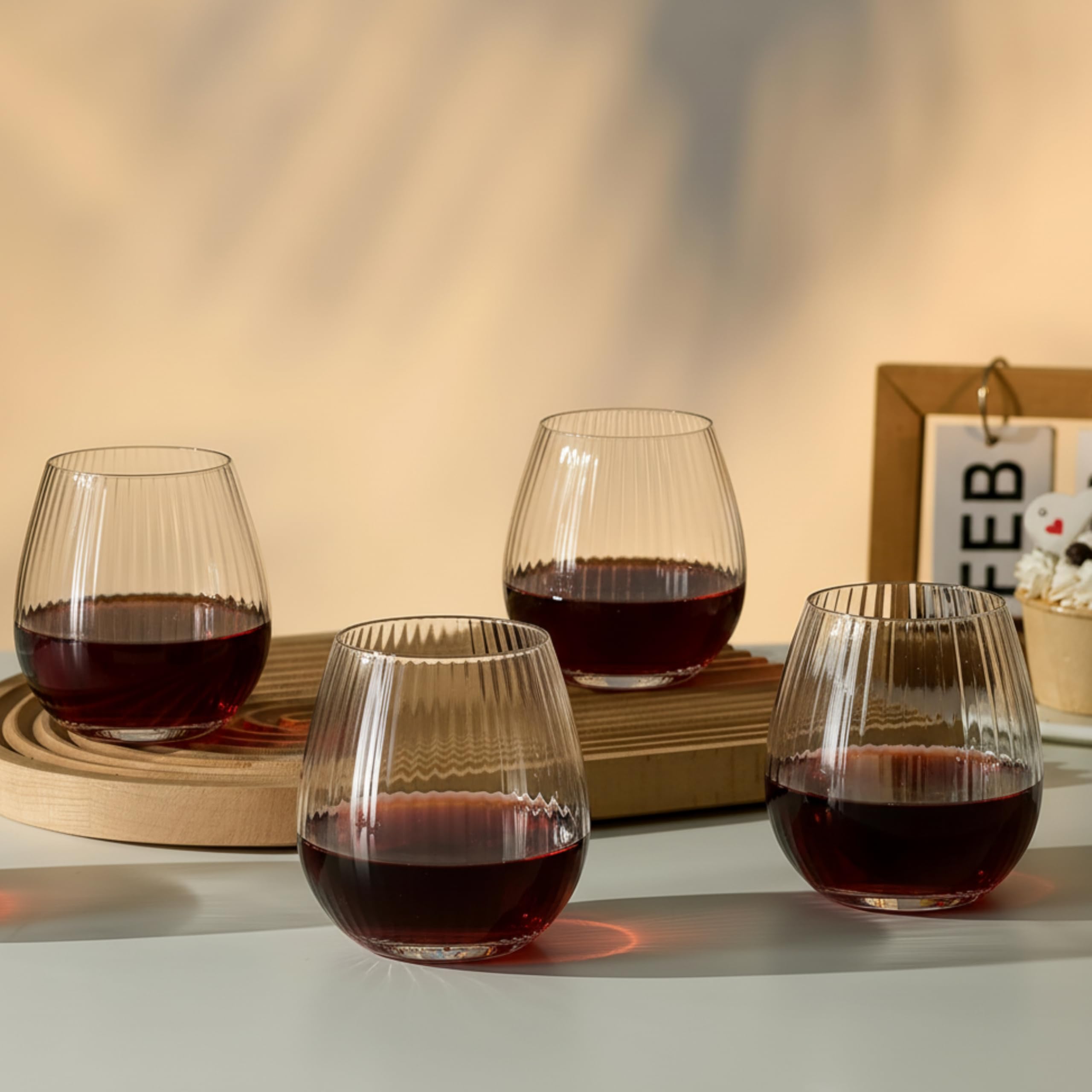 Ribbed Stemless Wine Glass Set of 4, 15oz Hand Blown Crystal