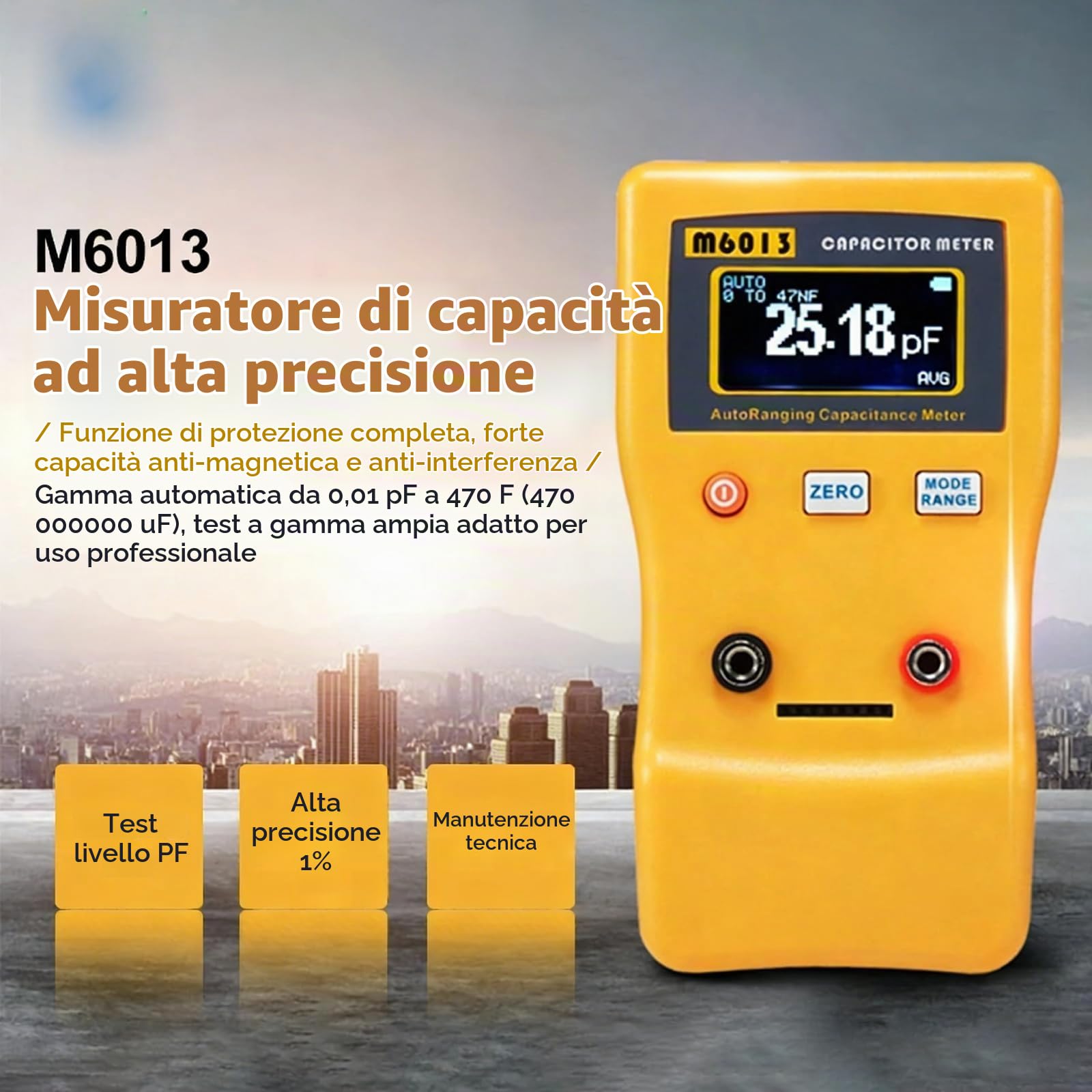 Tester del Condensatore, 0.01pf-470000uf Misuratore Capacità Digitale, M6013 Gamma Automatica Capacitance Meter Capacitor Tester con Retroilluminazione LCD, Supporto Nascosto