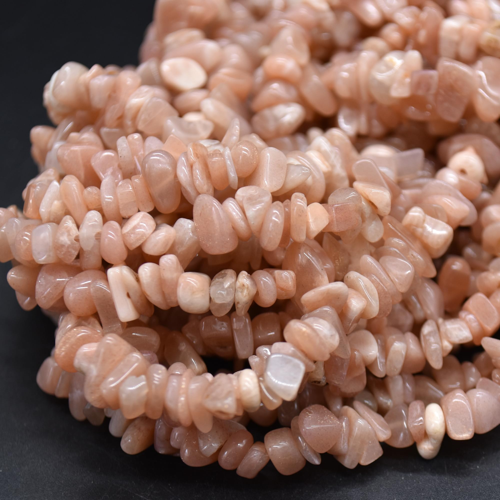 Grade A Natural Peach Moonstone Semi-Precious Gemstone Chips Nuggets - 5mm - 8mm, 36" Strand