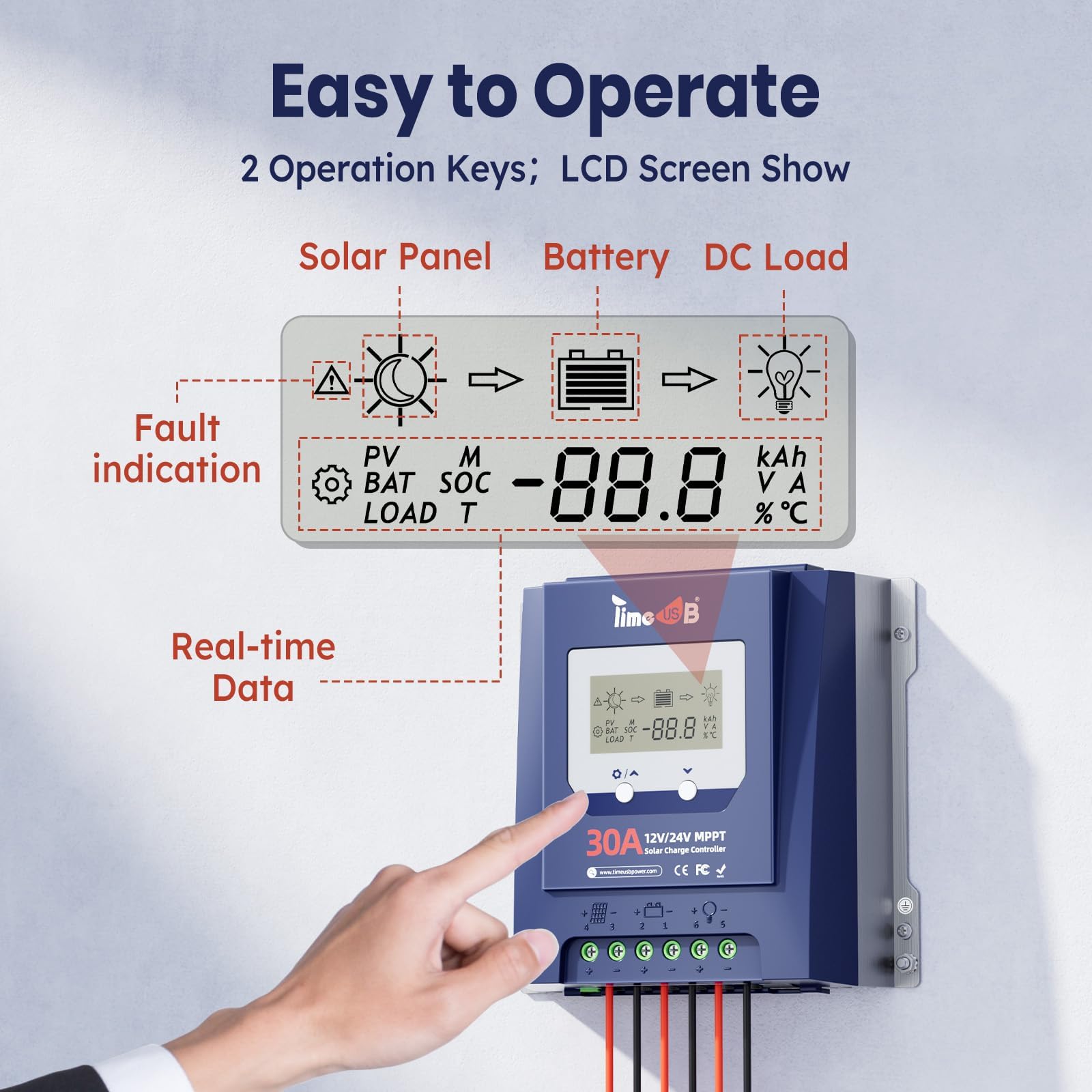 Timeusb Controlador de carga solar MPPT de 30 amperios, 12 V/24 V, entrada de CC automática, eficiencia de seguimiento del 99% MPPT y carga rápida, controlador MPPT de 50 V con pantalla LCD para
