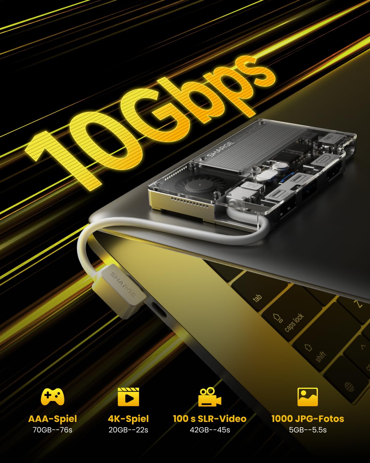 sharge Disk Pro 1TB Tragbare SSD mit Aktivkühlung, 4-Port Hub mit HDMI 2.1, USB-C 10 Gbps Kabel, Magnetische Externe SSD für MacBook, PC, PS5, Steam Deck
