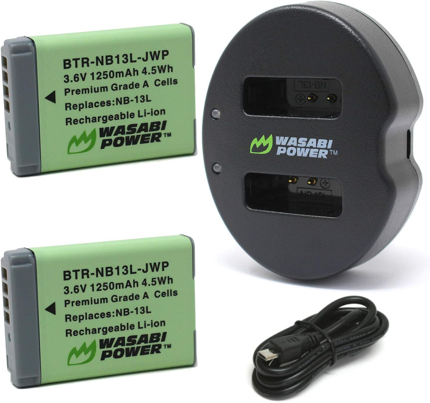 Wasabi Power Battery (2-Pack) Dual Charger for Canon NB-13L, PowerShot G1 X Mark III, G5 X, G5 X Mark II, G7 X, G7 X Mark II, G7 X Mark III, G9 X, G9 X Mark II, SX620 HS, SX720 HS, SX730 HS, SX740 HS