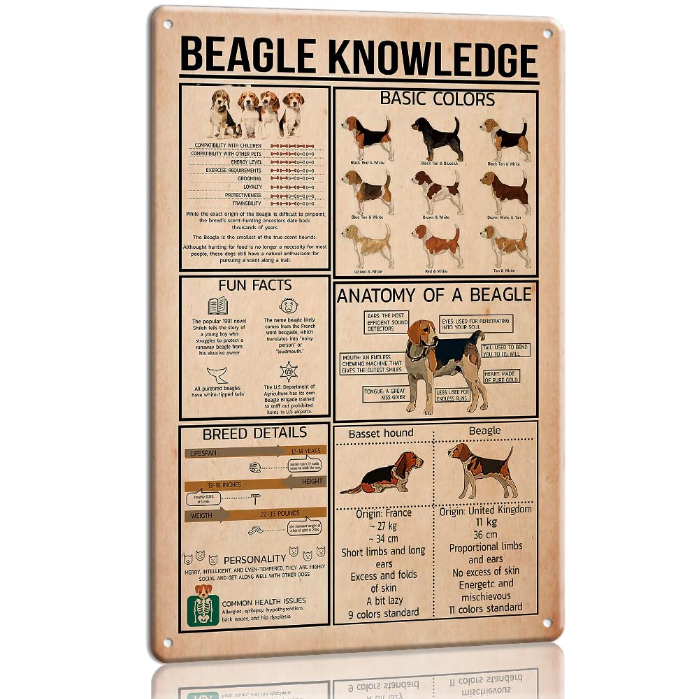 Pejinlu Beagle Dog Knowledge Wall Art Educational Metal Sign, 12x16 Inch Infographic Pet Decor for Bedroom, Home, Dog Lover Gift