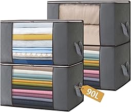 4 Pieces 90L Clothes Storage Bags, Clothes Storage Boxes, Folding Storage Boxes, Clothes Storage Bags with Reinforced Handle for Storage, Quilts, Blankets, Grey