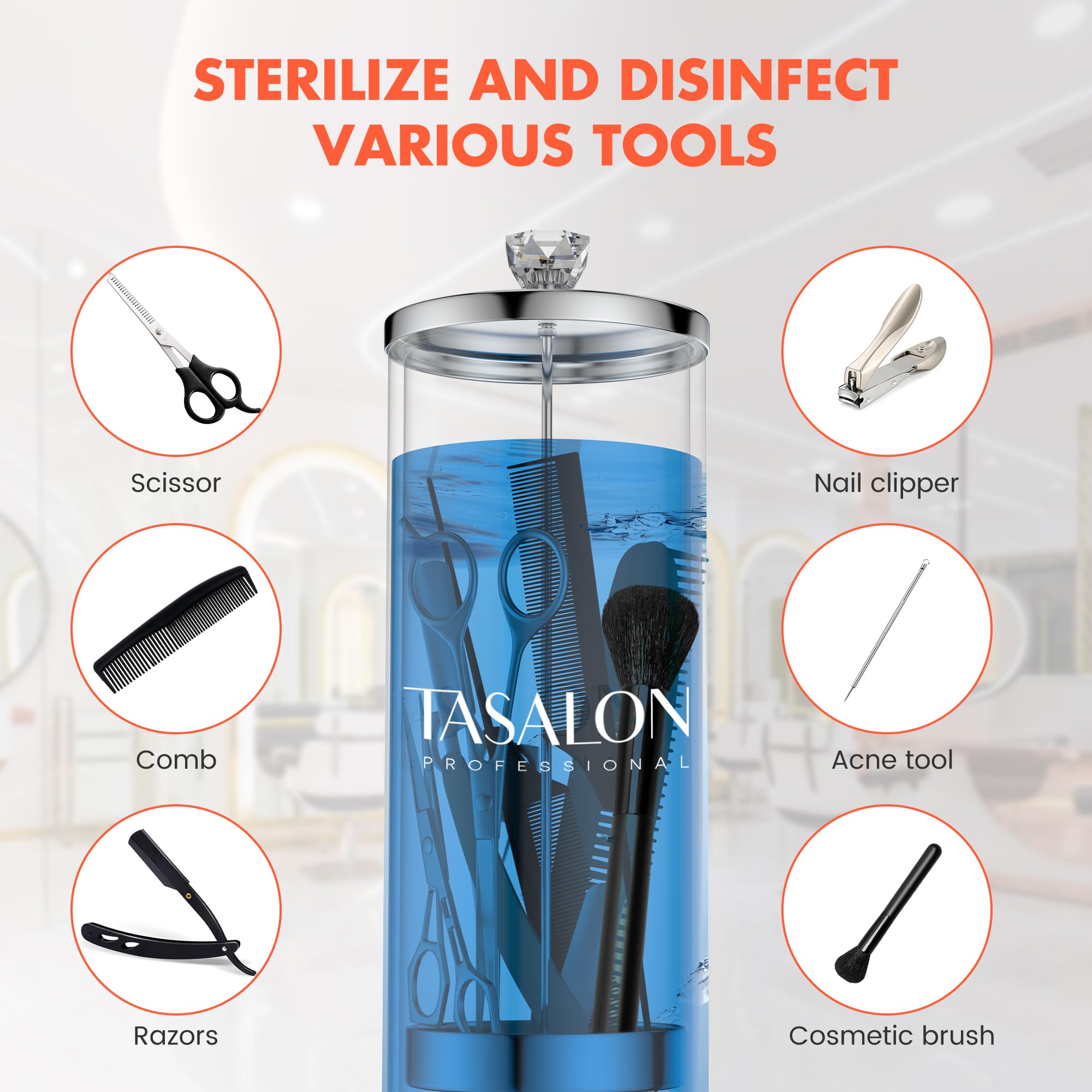TASALON Bocal de barbier (1,3 l) avec poignée en cristal – Pot désinfectant pour salon, spa et magasin de manucure – Récipient de stérilisation en verre durable avec panier amovible en acier