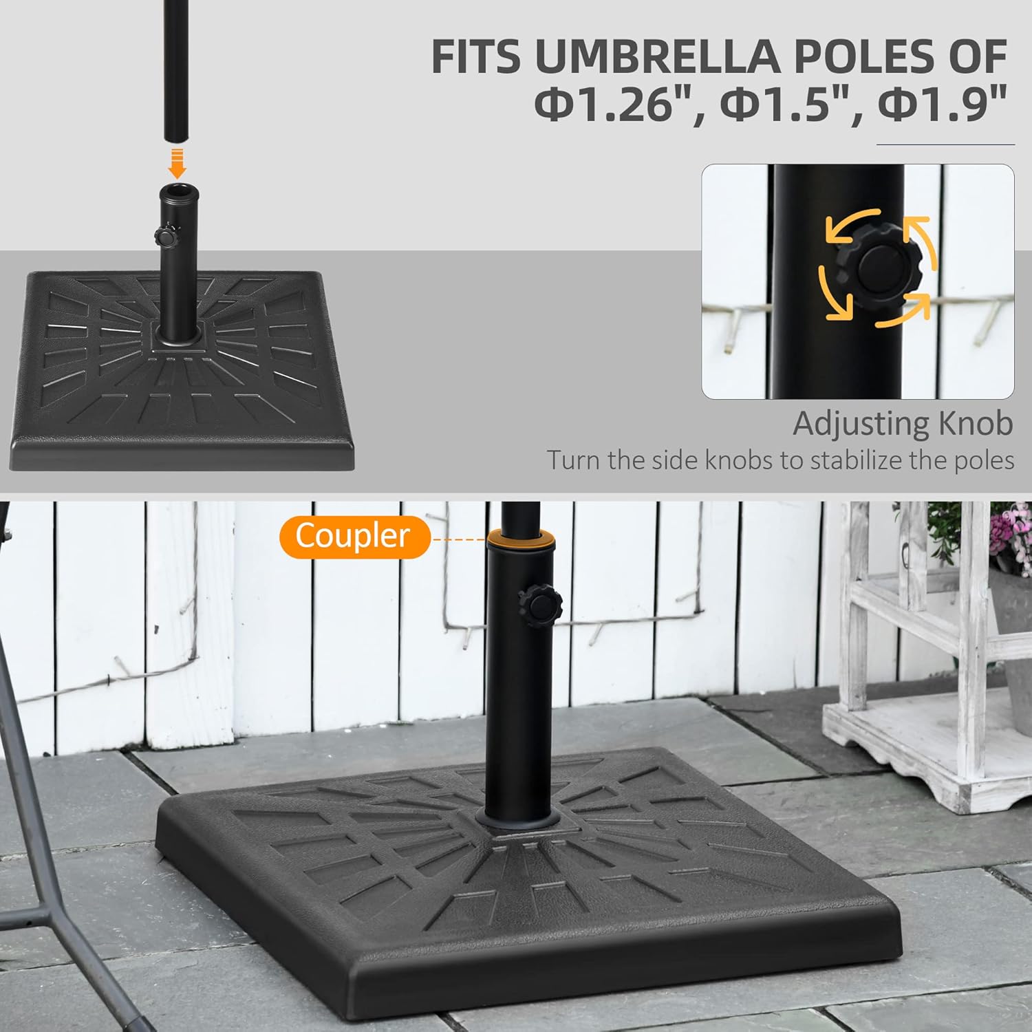 Outsunny 42lbs Resin Patio Umbrella Base, 20" Square Outdoor Umbrella Stand Holder for Parasol Poles 1.26", 1.5", and 1.9" Dia