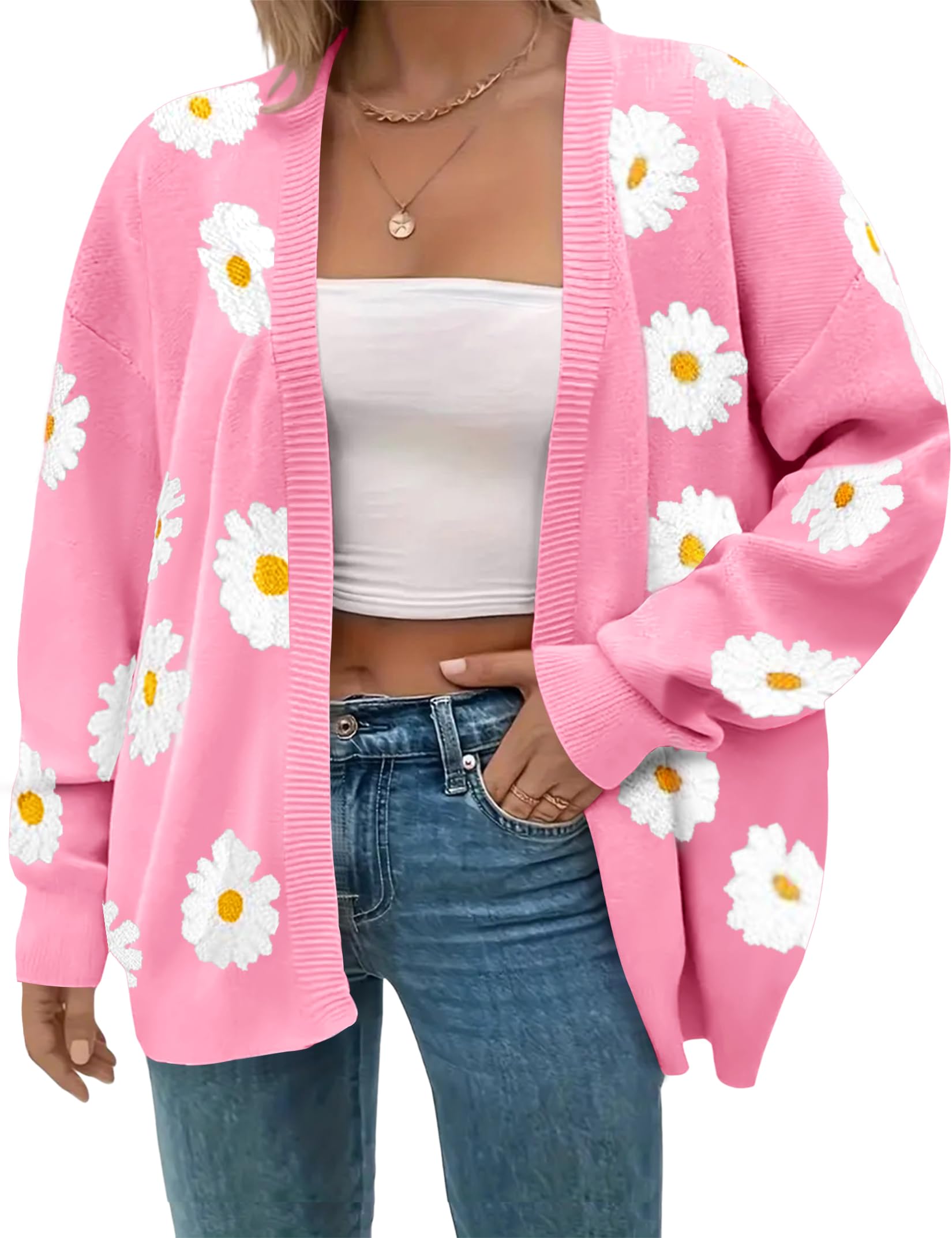 Plus Size Womens Floral Print Long Sleeve Oversized Open Front Knit Cardigan Sweater