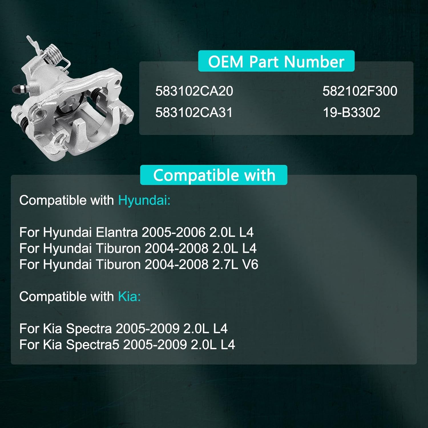 583102CA20 Rear Left Disc Brake Caliper Assembly (2.0L 2.7L) with Bracket For Hyundai Elantra 2005-2006, Tiburon 2004-2008, For Kia Spectra Spectra5 2005-2009 Rear Driver Side 19-B3302