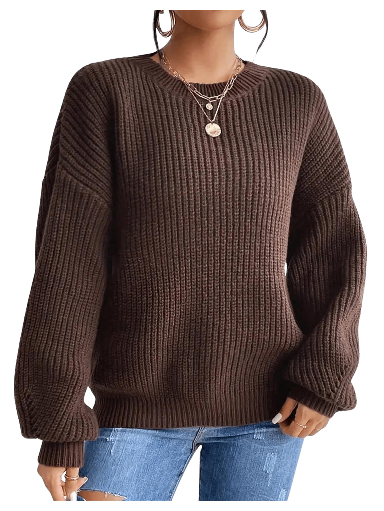 Womens Crewneck Long Sleeve Sweater Cozy Drop Shoulder Knit Dressy Casual Pullover Tops