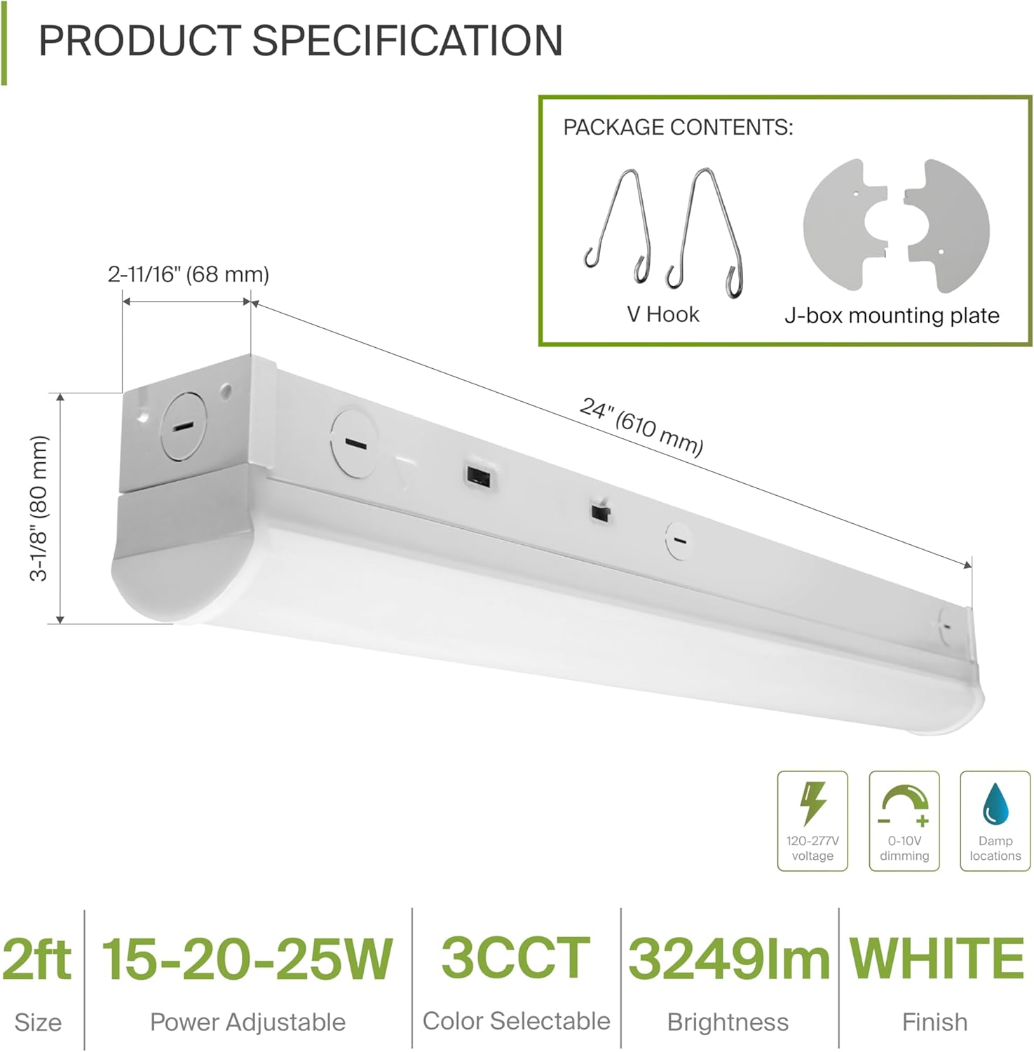 ASD 2ft LED Linear Strip Light Fixture - 15W-25W 3249LM Linkable LED Shop Light - 3000K-5000K Adjustable Dimmable Office & Workshop Commercial Ceiling Fixture - UL DLC