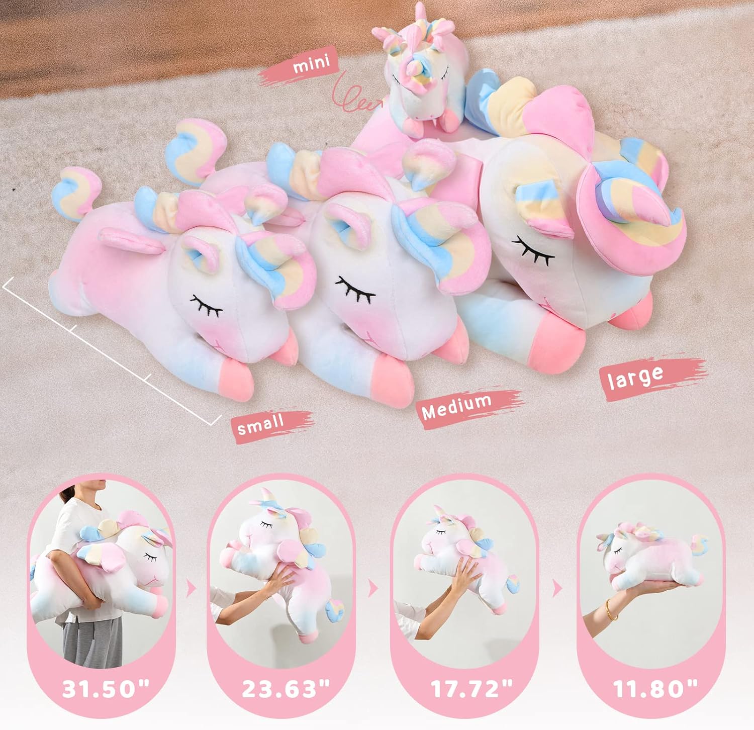 AIXINI Plush Unicorn Stuffed Animal Pillows Toy, 17.72 Inch Cute Soft Colorful Rainbow Unicorn Plushie Gifts for Girls