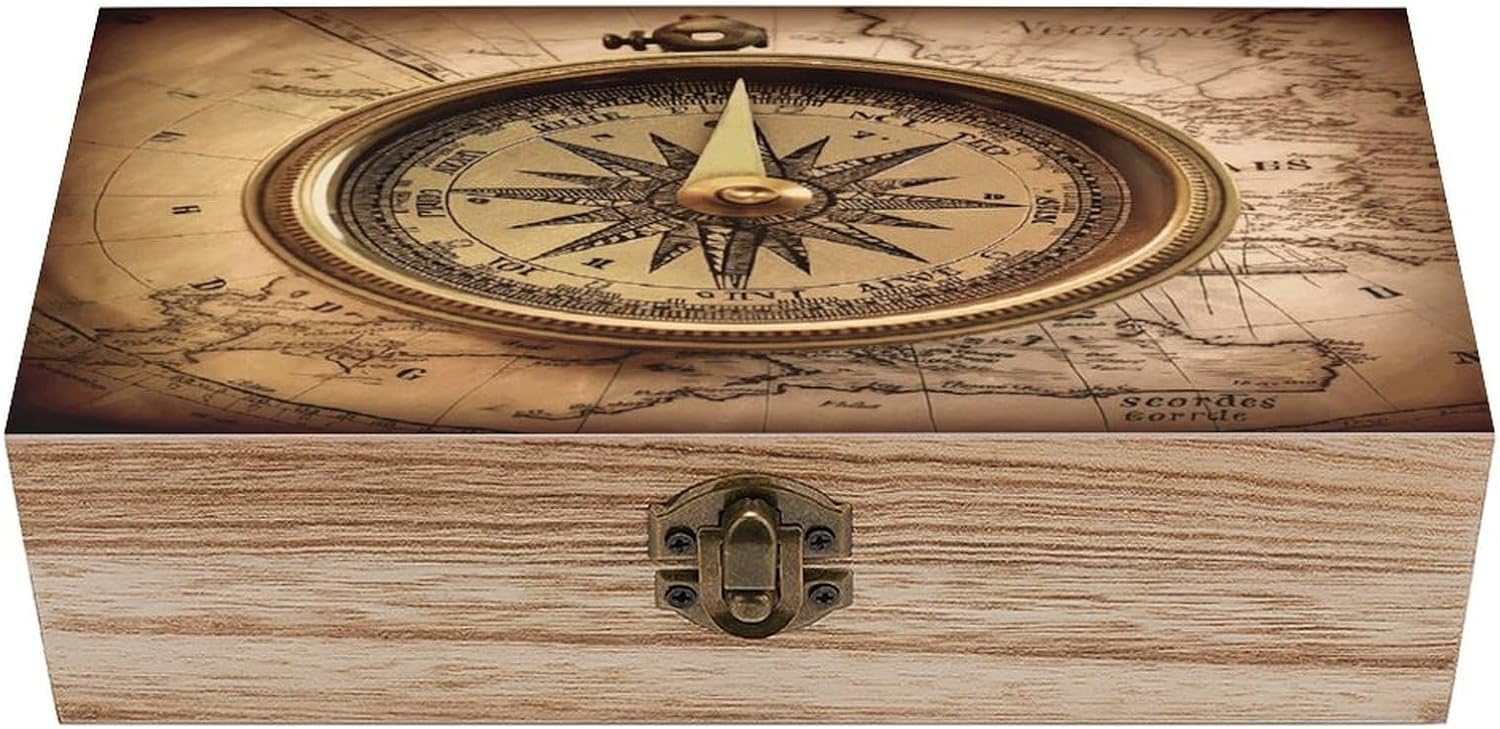LQPMNK Wooden Storage Box, Compass Navigation Print Jewelry
