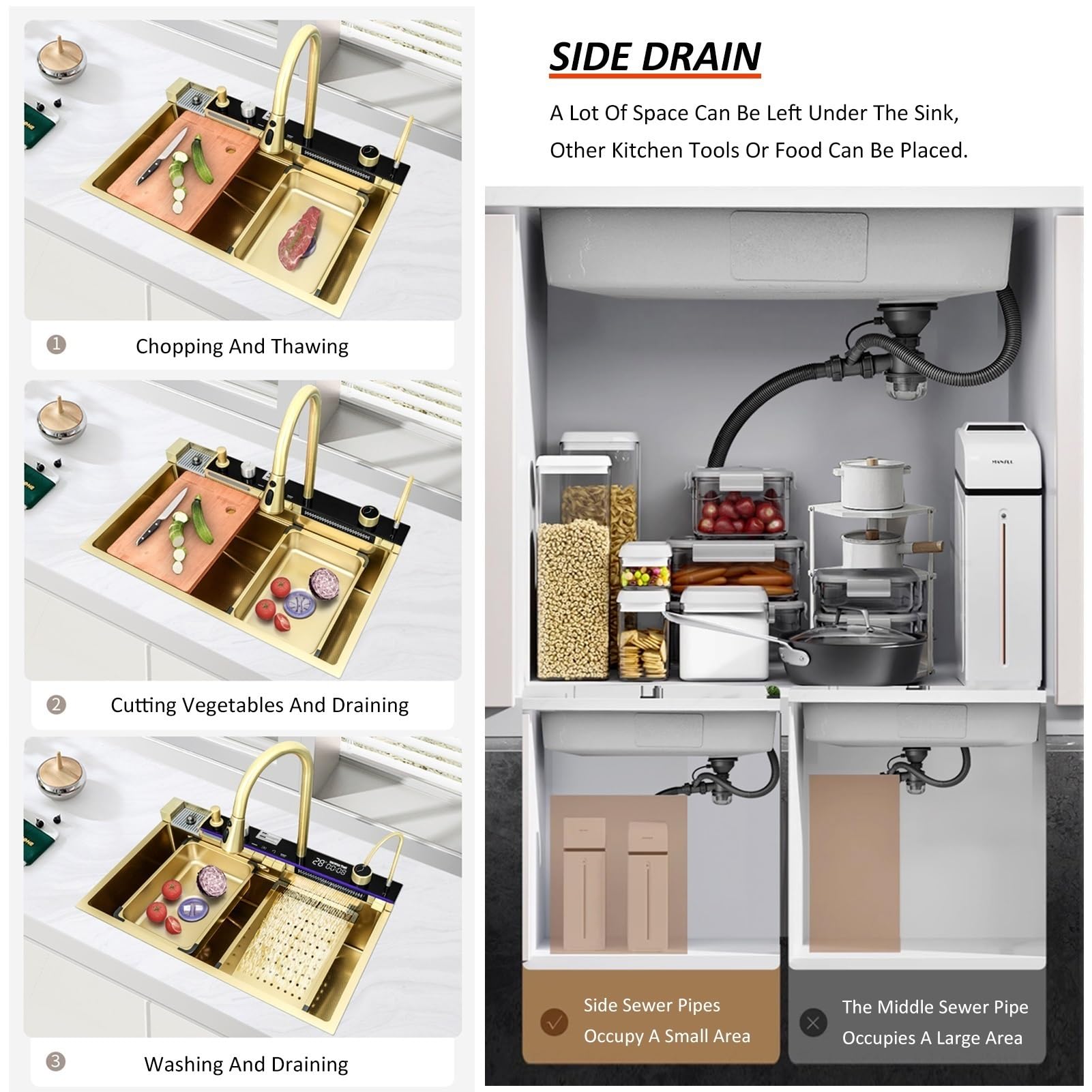 Fregadero de cocina grande con estación de trabajo, fregadero de bar inteligente Nano de acero inoxidable con cascada, grifo extraíble, lavavasos, kit de desagüe, fregadero de granja de un solo seno