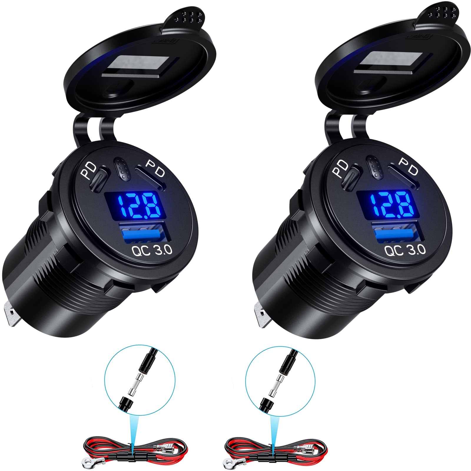 2 Pack 12V USB Outlet Wire Charger Multi Port, 108W Dual PD & QC 3.0 Car Port Socket with Power Switch, USB C Cigarette Lighter Replacement 12 Volt Socket with Voltmeter Waterproof for Marine Boat RV