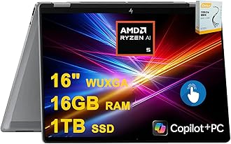 HP OmniBook X Flip Copilot+ AI PC 2-in-1 Laptop | 16" WUXGA Touch (400nits) | AMD 6-core Ryzen AI 5 340 (Up to 50 Tops) | 16GB DDR5 1TB SSD | Backlit 5MP IR Privacy Camera Win11Pro w/DLCA Accessory