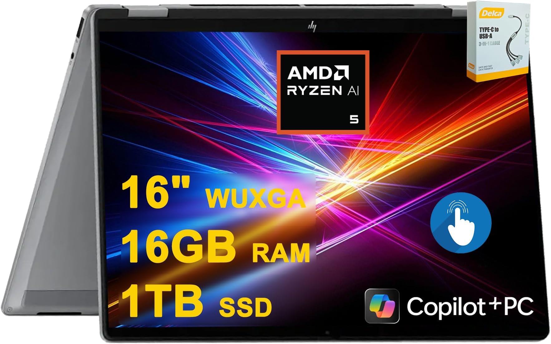OmniBook X Flip AI PC 2-in-1 Laptop | 16" WUXGA Touch (400nits) | AMD 6-core Ryzen AI 5 340 (Up to 50 Tops) | 16GB DDR5 1TB SSD | Backlit 5MP IR Privacy Camera Win11Pro w/DLCA Accessory