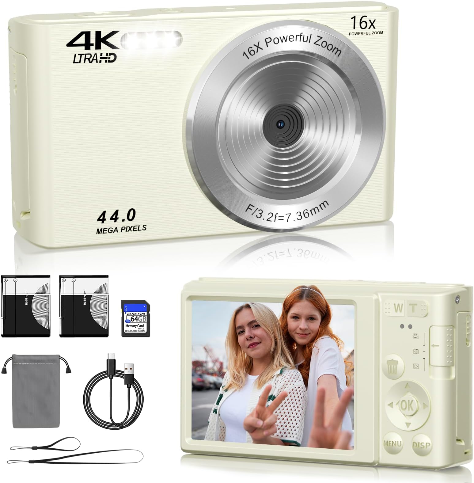Digital Camera FHD 4K 44MP with 64GB SD Card 16X Digital Zoom Compact Camera Portable Auto Focus 4K Camera FHD 1080p Cheap Small Vintage Camera Children's Day Gifts for Teens Boys Girls (Milk)