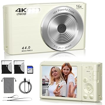 Digital Camera FHD 4K 44MP with 64GB SD Card 16X Digital Zoom Compact Camera Portable Auto Focus 4K Camera FHD 1080p Cheap Small Vintage Camera Children's Day Gifts for Teens Boys Girls (Milk)
