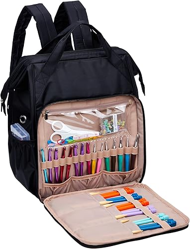 Vista 2 de HOMEST - Bolsa organizadora para crochet, gran capacidad de almacenamiento de hilo, bolsa para tejer para llevar proyectos, ganchos de crochet, Rosa