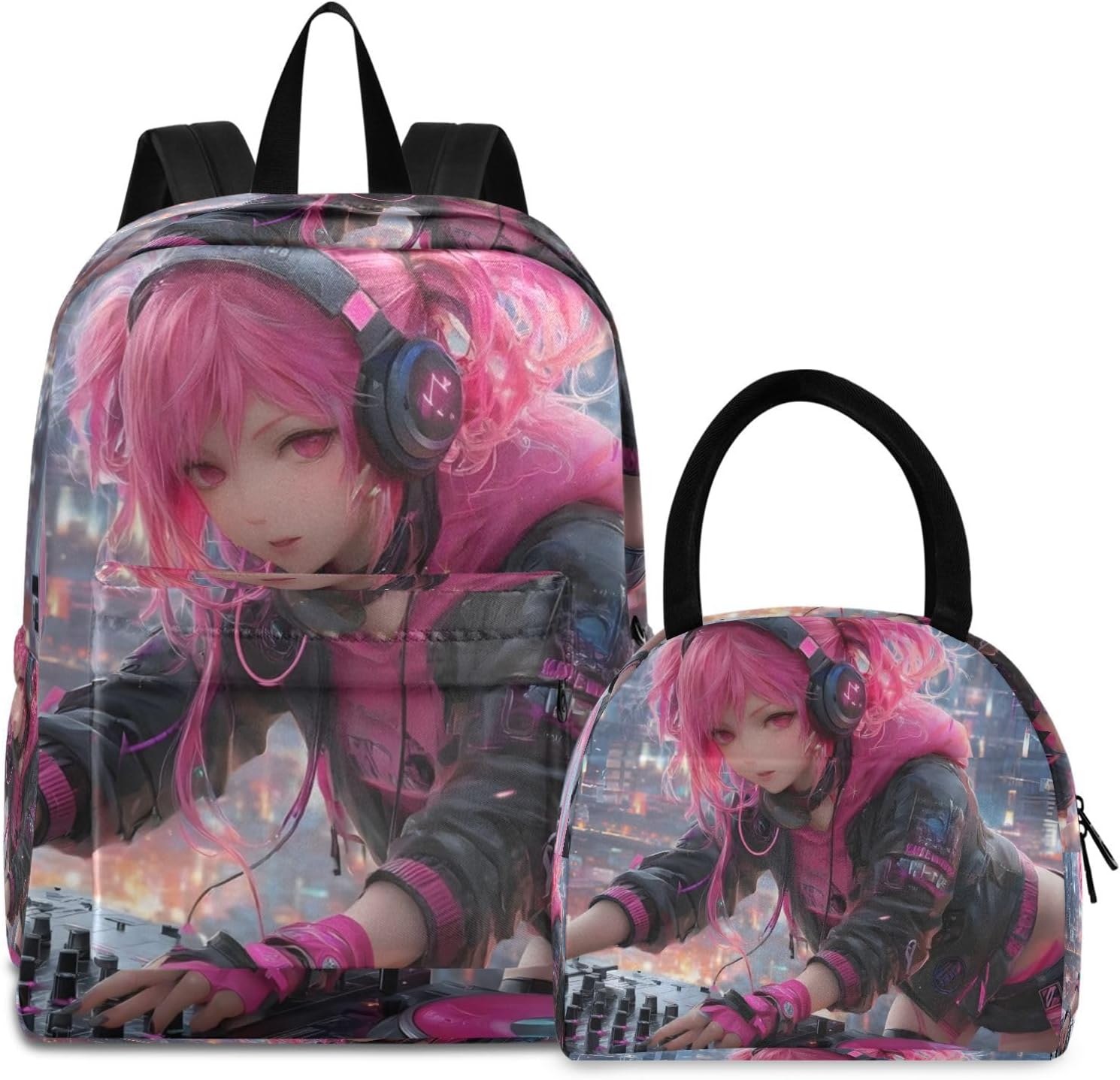 Anime Woman Dj Lightweight Backpack with Lunch Box Set - Fits 15.6” Laptop for Women Men, Multiple Pockets for Work Travel