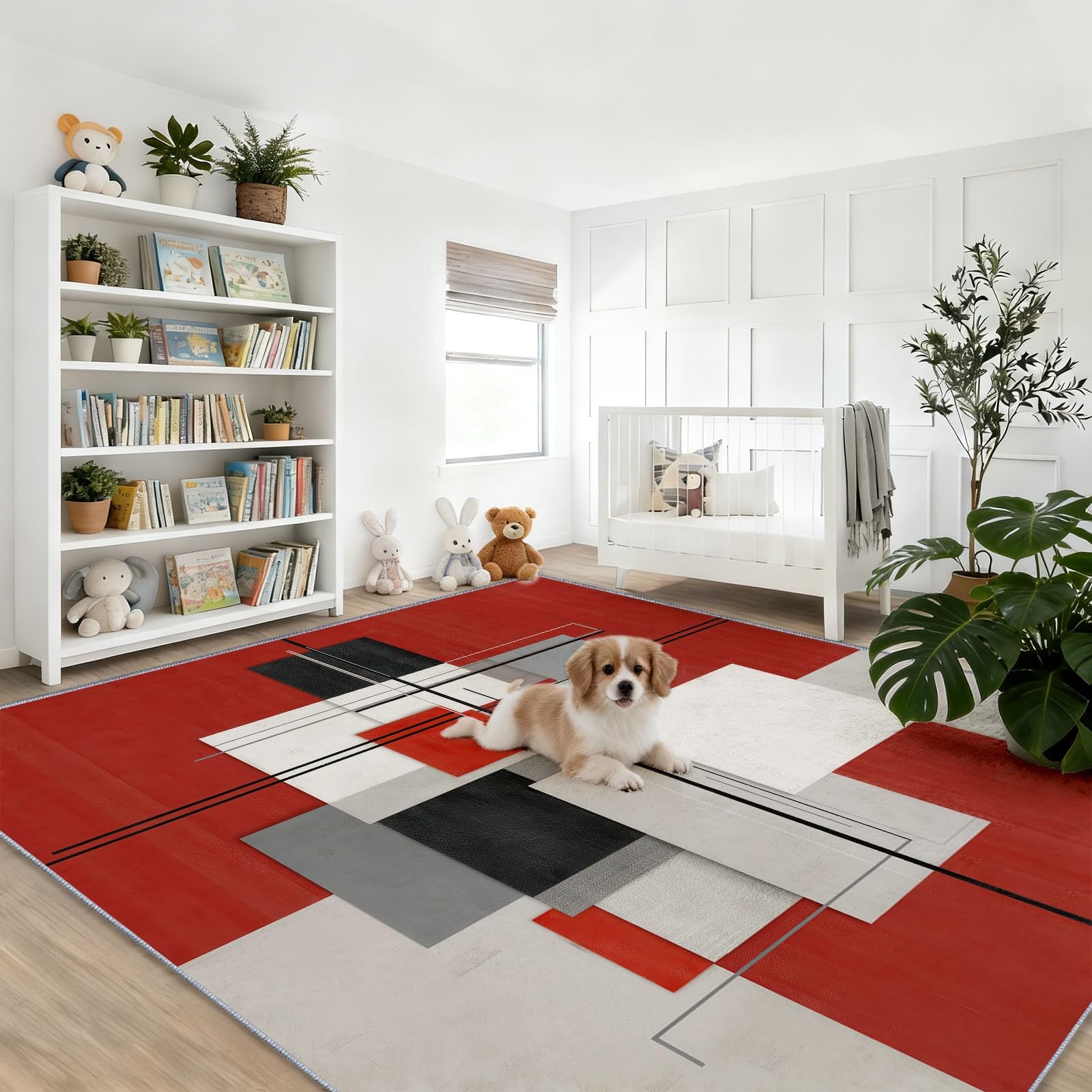 Czerwony dywan do salonu mały dywan, 60 x 110 cm Wycieraczka wewnętrzna Wejście Antypoślizgowe, Nowoczesne Abstrakcyjne Geometryczne Kolorowe klocki Dekoracja domu Duży dywan do jadalni Sypialnia