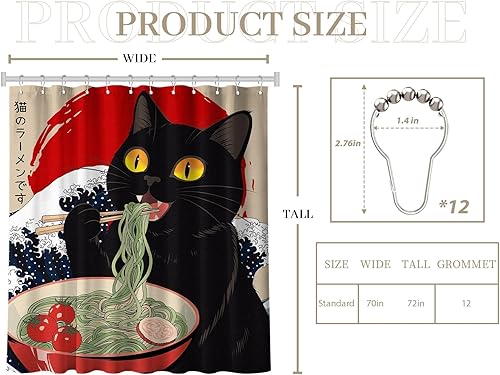 Miniatura 5 de Cortina de ducha japonesa divertida con diseño de gato negro con ondas asiáticas para decoración de baño, tela impermeable con ganchos, 70 x 72