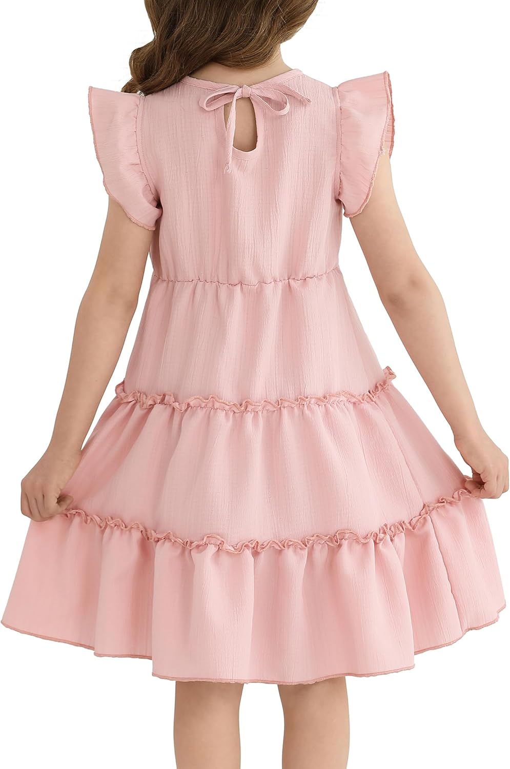 Girls Summer Dresses Tiered Crinkle Flowy Ruffle Sleeve A-Line Swing Backless Bow Lace-up Dress Size 4-12 Years - Image 4