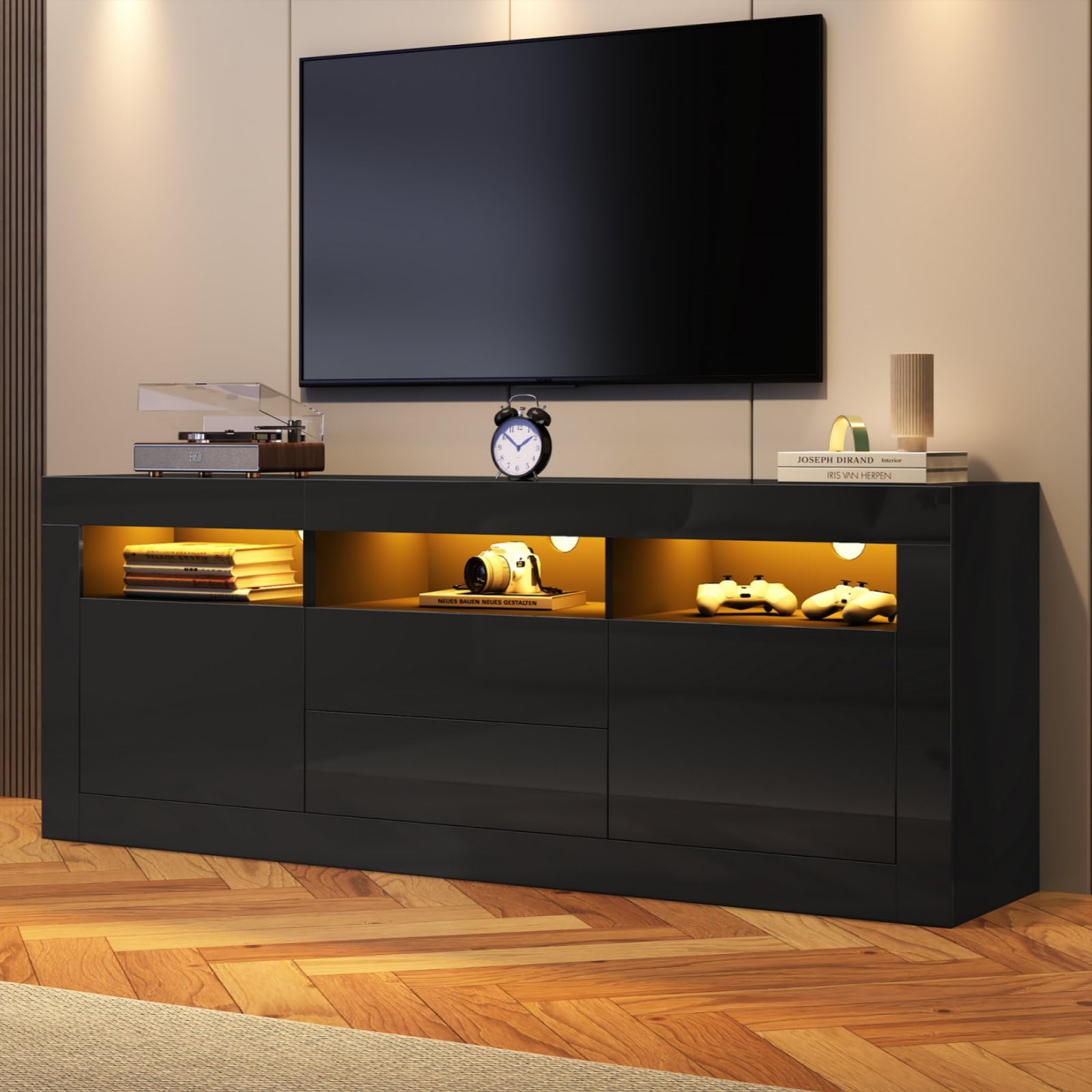 KOMHTOM Meuble TV 160 cm Longueur Noir avec LED et Rangement Table Television Salon avec Deux tiroirs et Portes Meuble de Salon Moderne (Noir, 160 x 35 x 60 cm)