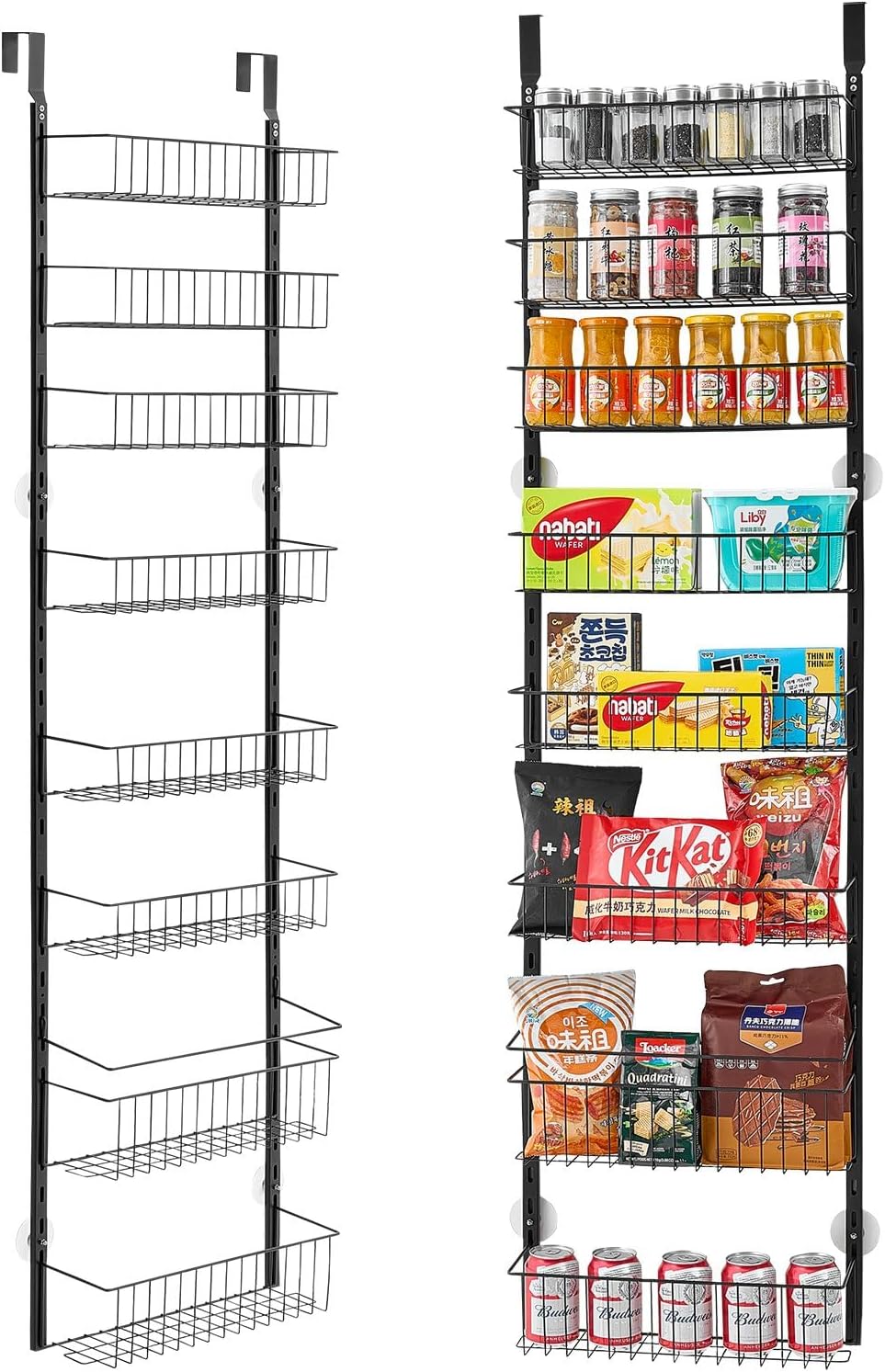 8-Tier Over The Door Pantry Organizer, Adjustable Hanging Storage Rack for Kitchen Spice, Snack, Cleaning Supplies, Heavy-Duty Metal Wire Shelves with No-Drill Mount