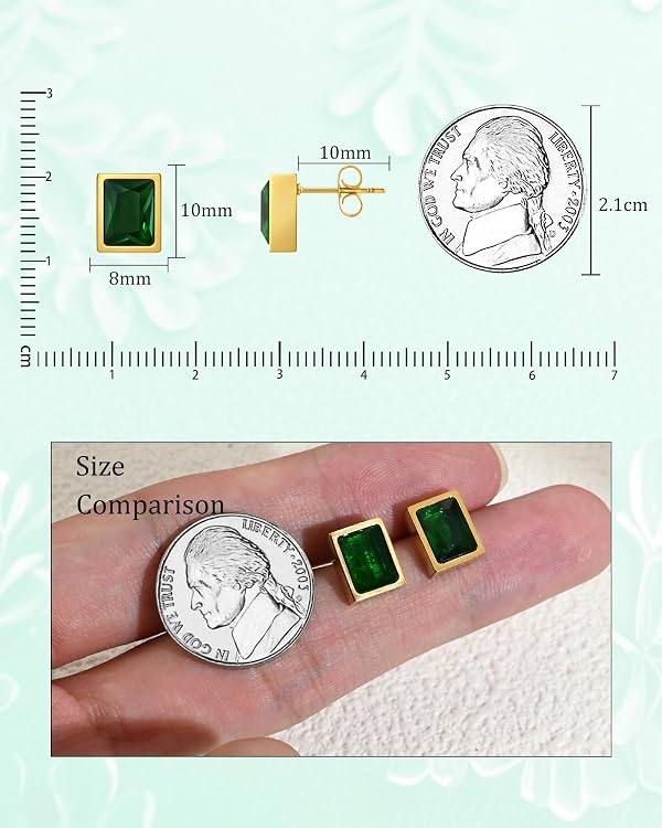 Hypoallergenic Emerald Stud Earrings for Women | 14K Gold Plated Square Green Jewelry | 8MM Vintage Women for Anniversary, Sensitive Ears & Office to Party by Elaximn - Image 4
