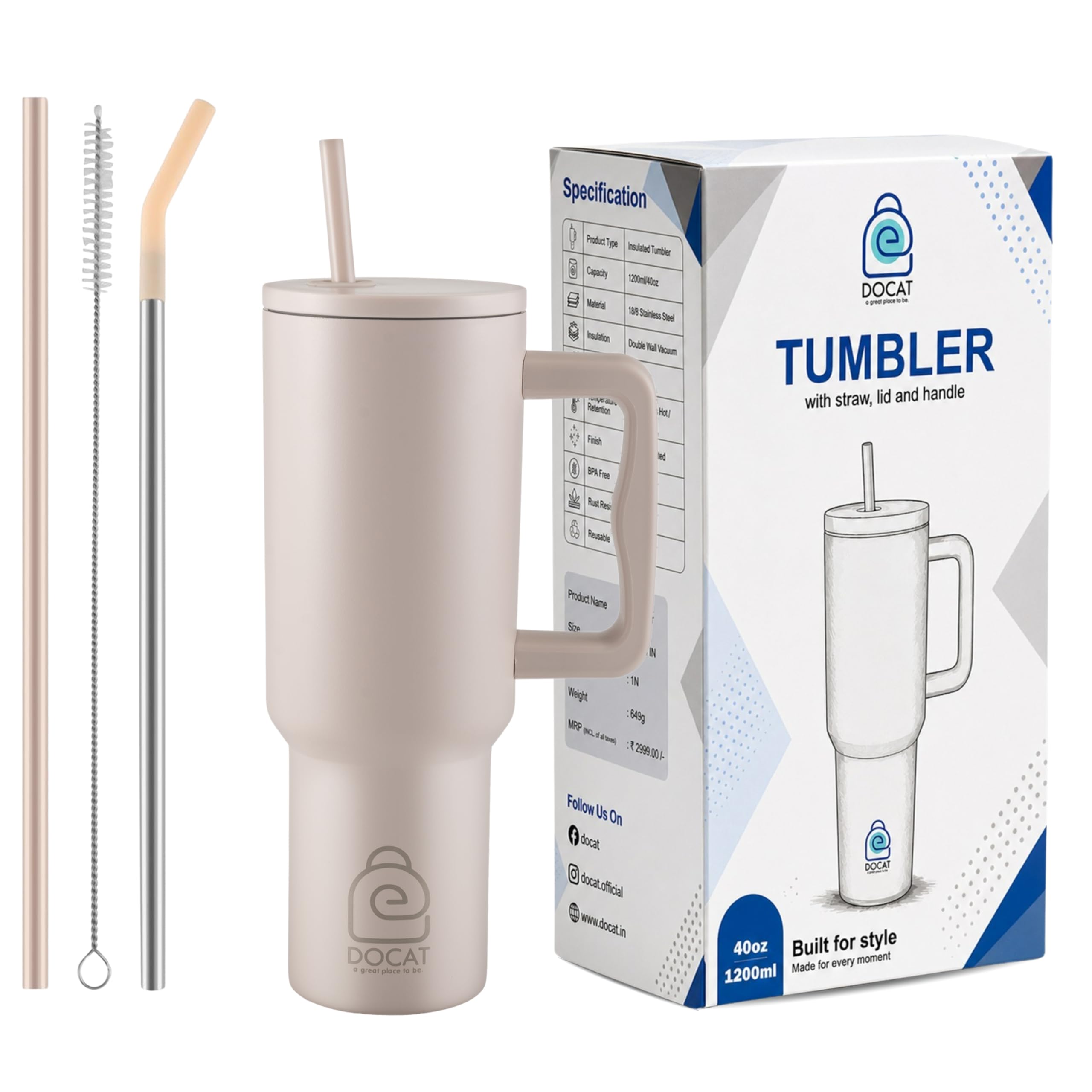 DOCAT 1200ML Stainless Steel Tumbler with Lid and Straw, Hot and Cold Double Insulated Sipper Mug, 100% Leak Proof Coffee Tumbler Cupholder for Office, Gym, Travelling (Oatmeal)