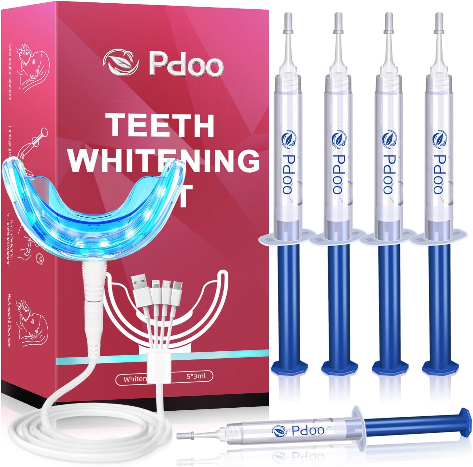 Pdoo Teeth Whitening Kit with LED Light for Sensitive Teeth, Fast Results Whitening at Home, Teeth Whitening Gel Helps Remove All Kinds of Stain