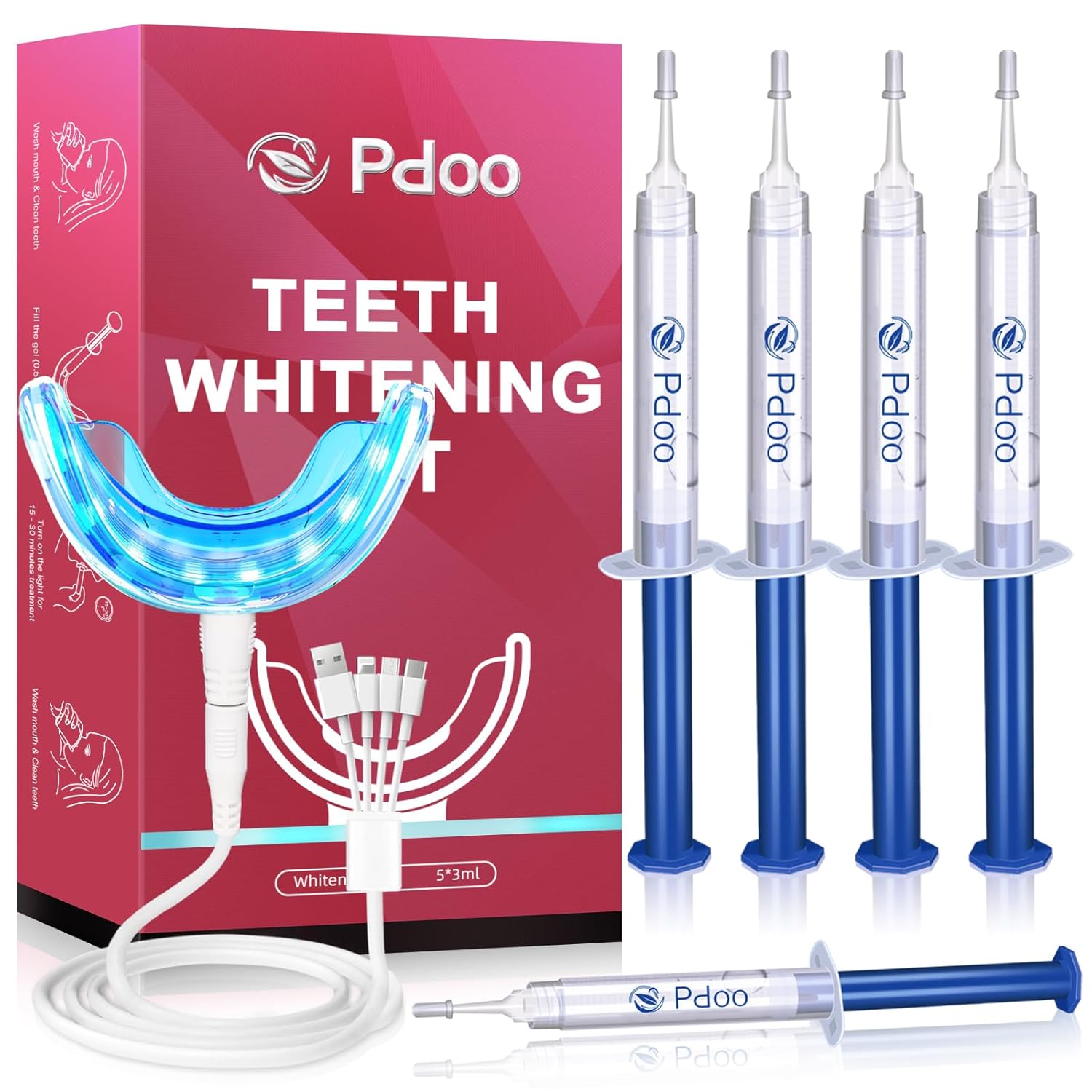 Professional Teeth Whitening Kit with 5 Teeth Whitening Gel LED Accelerator Light Rechargeable Design - Enamel Safe Gel