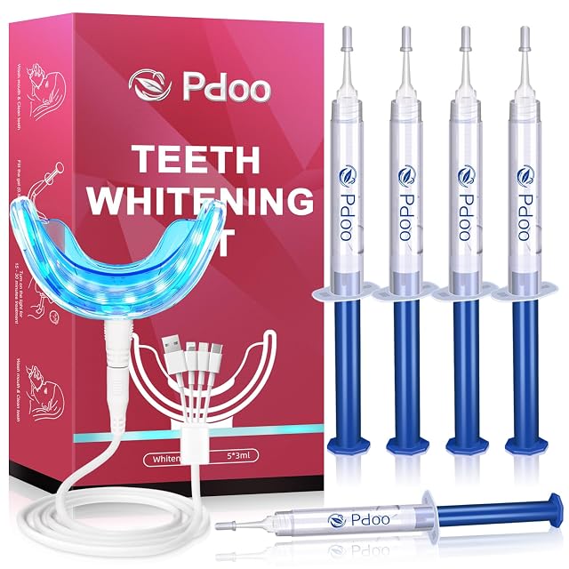 Professional Teeth Whitening Kit with 5 Teeth Whitening Gel LED Accelerator Light Rechargeable Design - Enamel Safe Gel