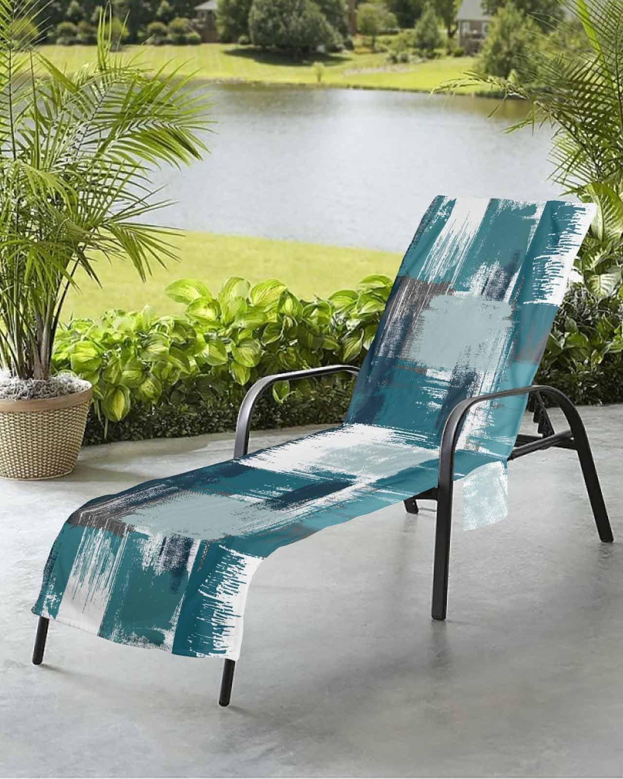 Abstract Painted Blue Beach Chair Towel Covers for Chaise Lounge with Side Pocket, Soft Plush Pool Towels Cover for Patio Sunbathing Outdoor Minimalist Geometric Graffiti Art 29''x85''