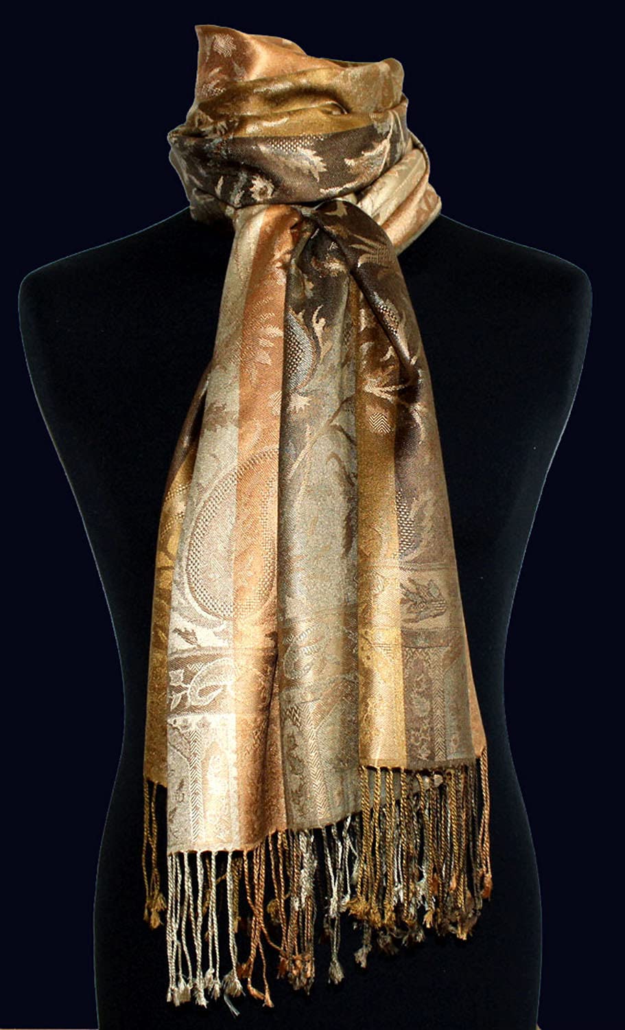 Lorenzo Cana Pashmina Damenschal Schaltuch jacquard gewebt aus 100% Seide 70 x 190 cm Paisleymuster Seidenschal Seidentuch harmonische Braun Gold Farben 78080