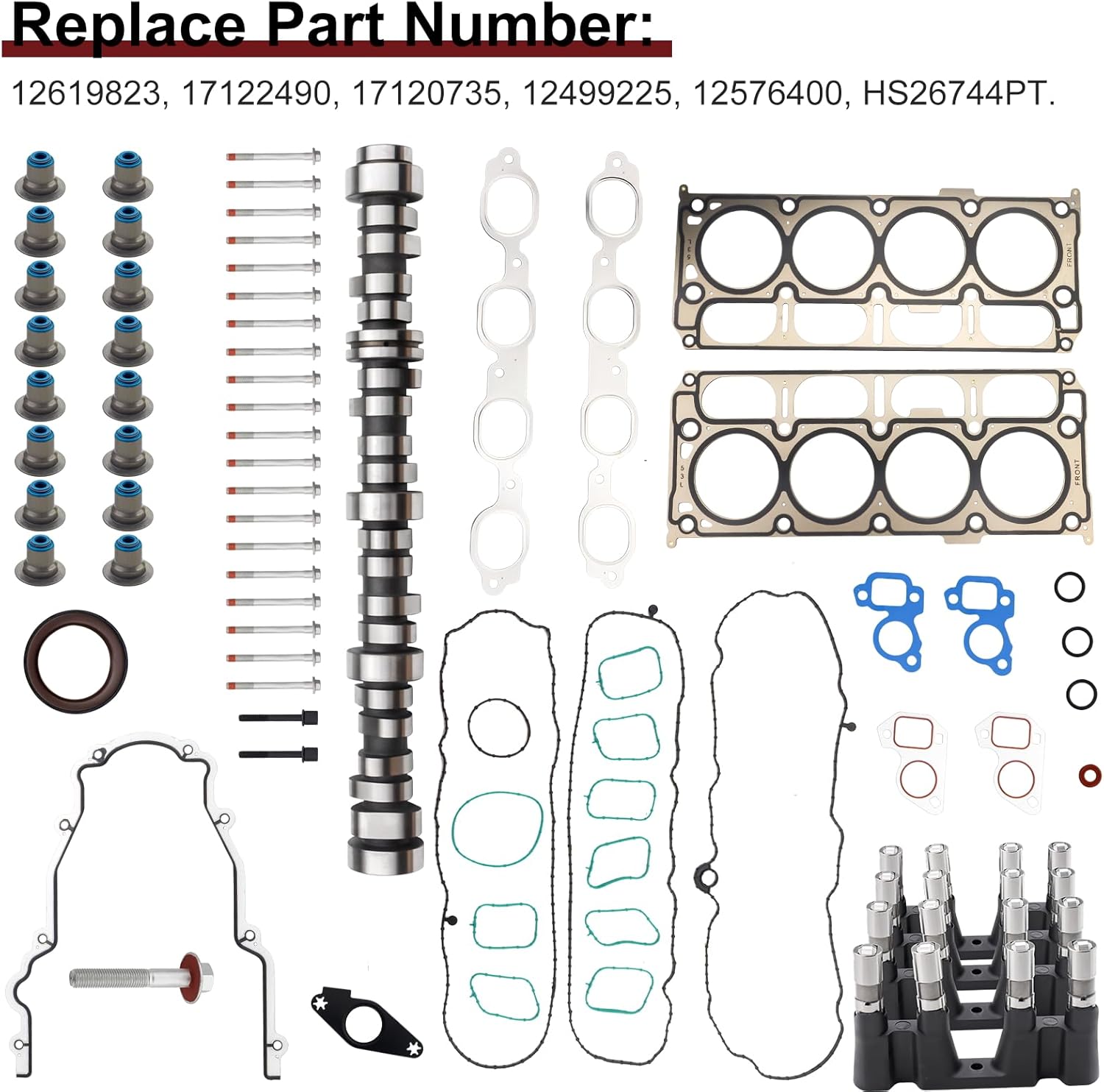 NON AFM DOD Disable Camshaft Lifter Kit w/ 5.3 Head Gasket Set for 2014-2021 GM Chevrolet Gen V L83 5.3L Engine 12499225 HS26744PT