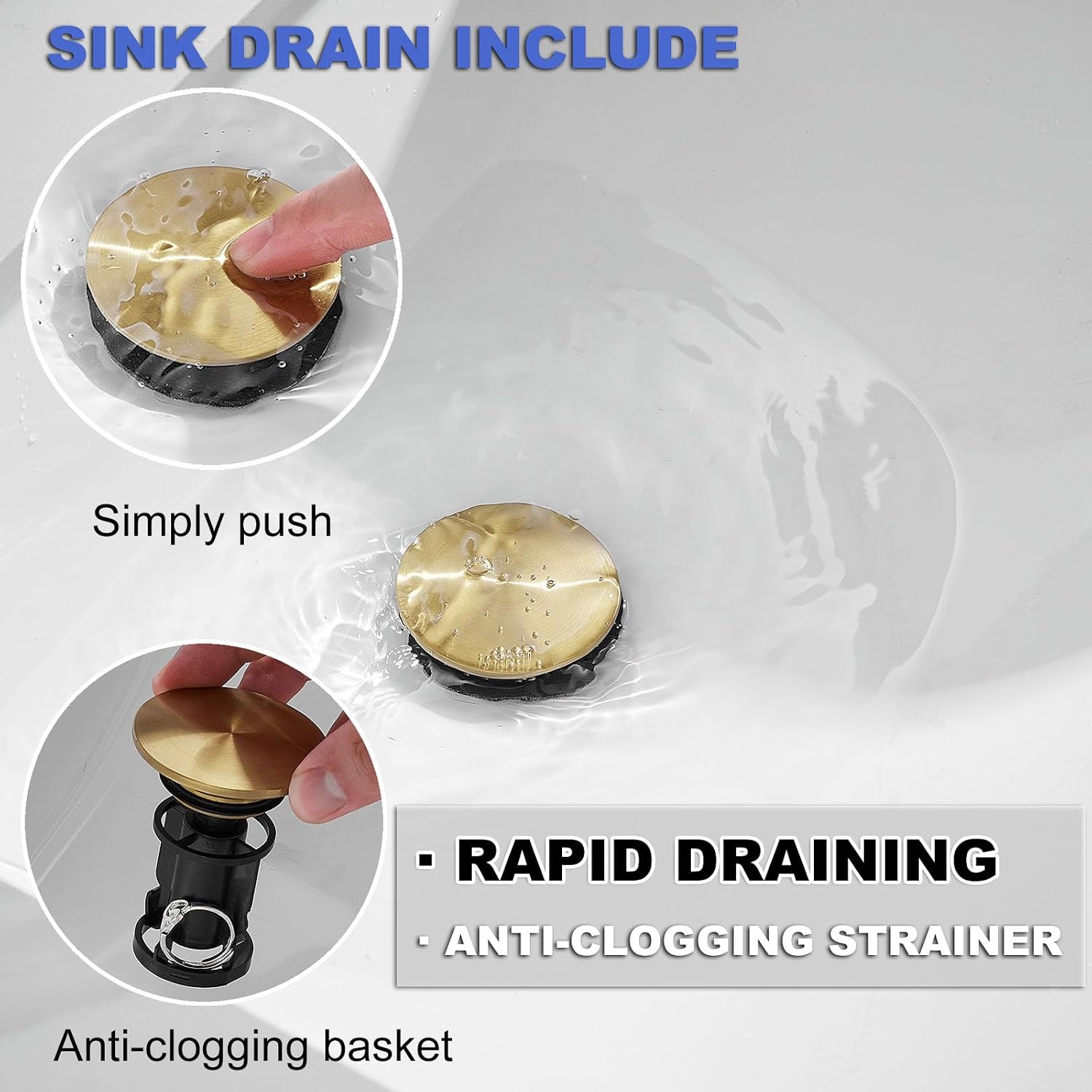 Gold Bathroom Faucet Waterfall Single Hole Single Handle Modern Stainless Steel Faucet for Bathroom Sink with Pop Up Drain Assembly & Deck Plate Lavatory Rv Vanity Mixer Tap Supply Hose