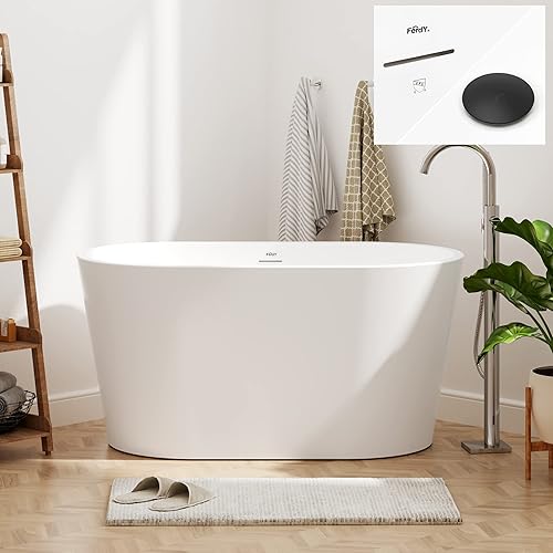 FerdY Shangri-La - Bañera independiente de acrĂlico de 47 pulgadas, pequeña bañera clásica ovalada con drenaje negro mate y diseño lineal FerdY Shangri-La - Bañera independiente de acrĂlico de 47 pulgadas, pequeña bañera clásica ovalada con drenaje negro mate y diseño lineal