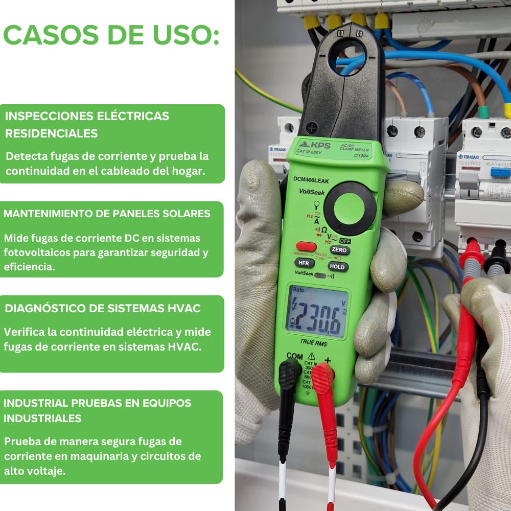 KPS-DCM400LEAK Pinza de Fugas de Corriente TRMS 20mA a 100A AC/DC Voltaje 1000V AC/DC Filtro Pasabajo 50Hz - 800Hz y NCV