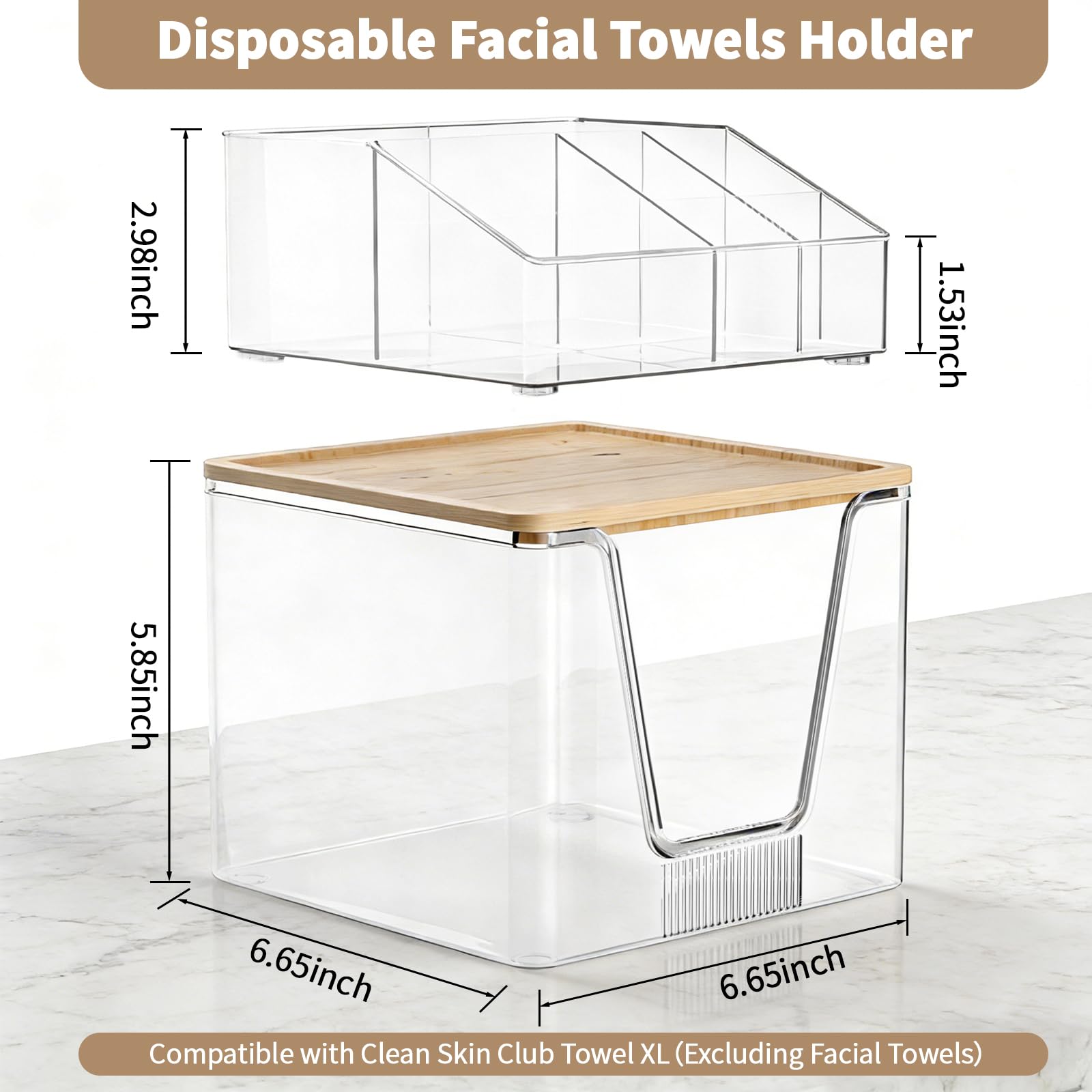 2 in 1 Disposable Facial Towel Holder and Cosmetic Organizer, Clear Storage with Bamboo Lid Compatible with Clean Skin Club Towel XL, Stackable Vanity Organizer for Bathroom Vanity Counter, 2 Tier - 3