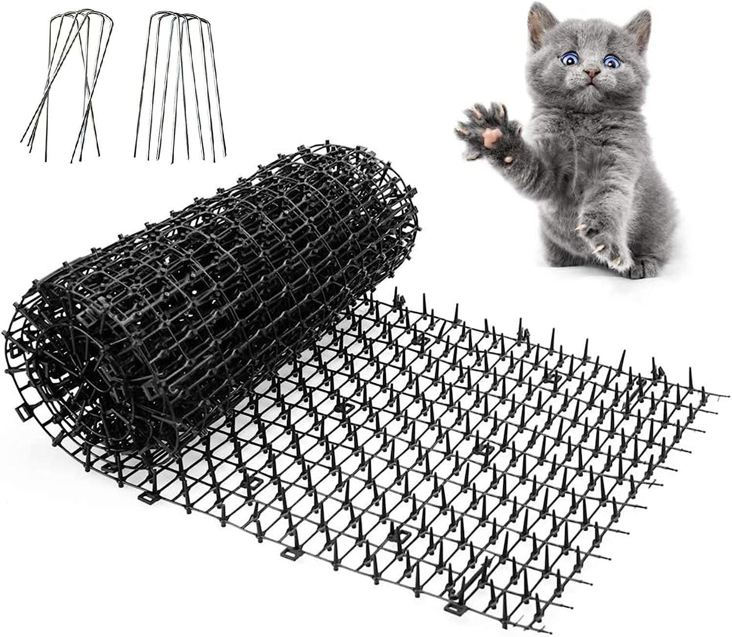 Cat Scat Spike Mat, Pet Deterrent Spikes Prickle Mat with 8 Garden Staples for Garden, Porch