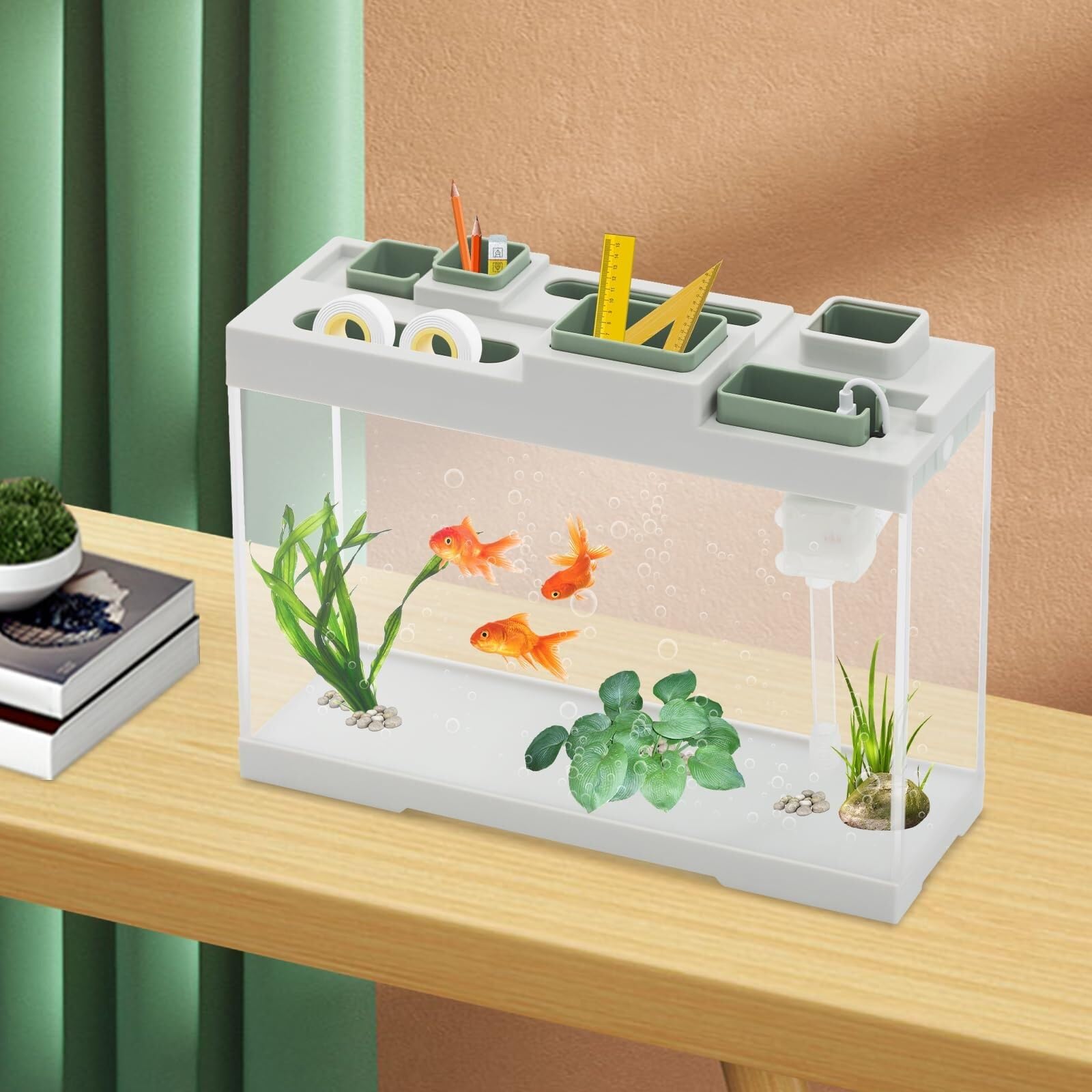 Acquario da tavolo, acquario stretto da 3 a 4 litri con filtro pompa silenzioso e luci a LED, piccolo acquario in acrilico con 3 interfacce di tipo C, per piccoli pesci tropicali, guppy, pesci rossi(W