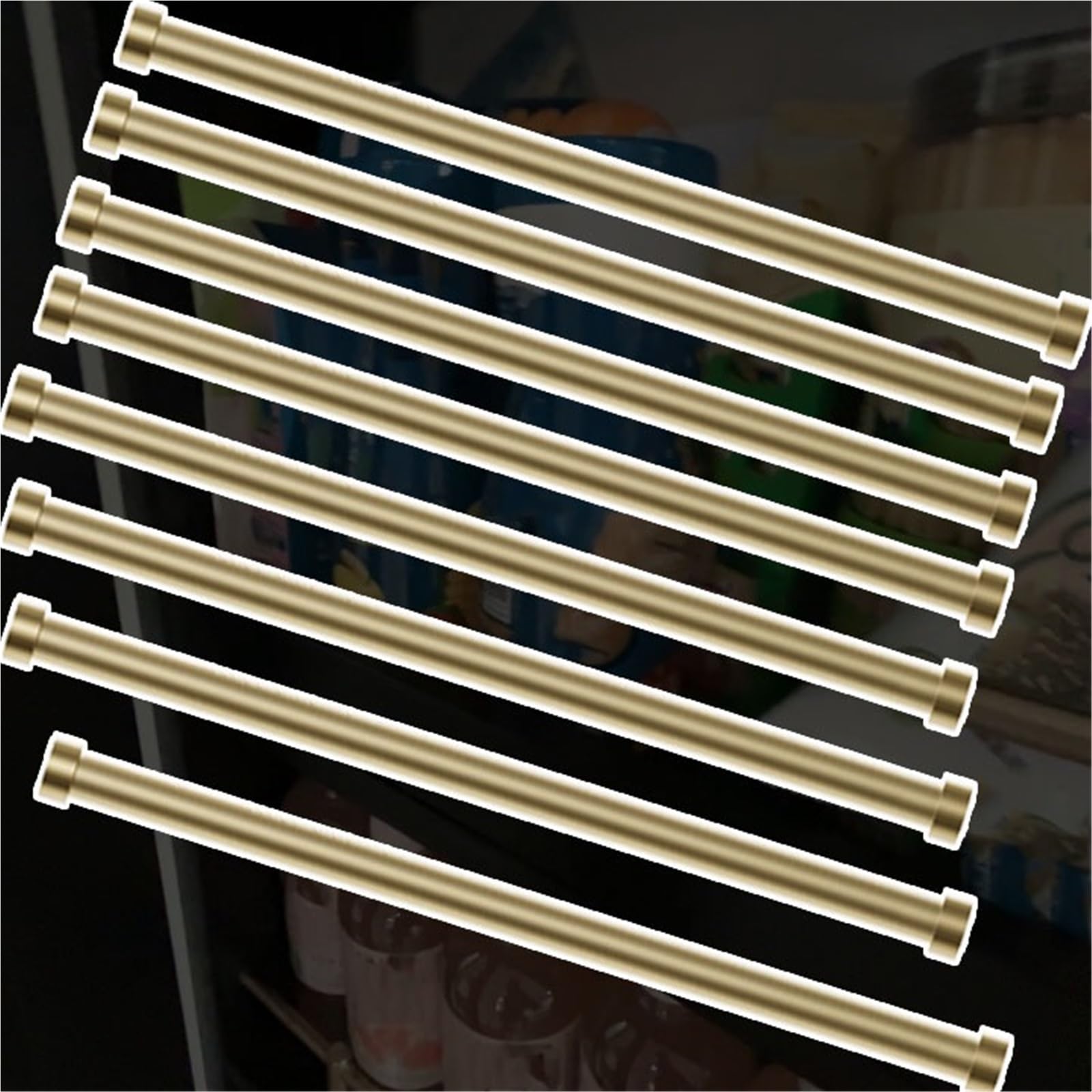 Protector decorativo antivuelco para estantes, juego de 8 rieles de aluminio dorados de 95 cm