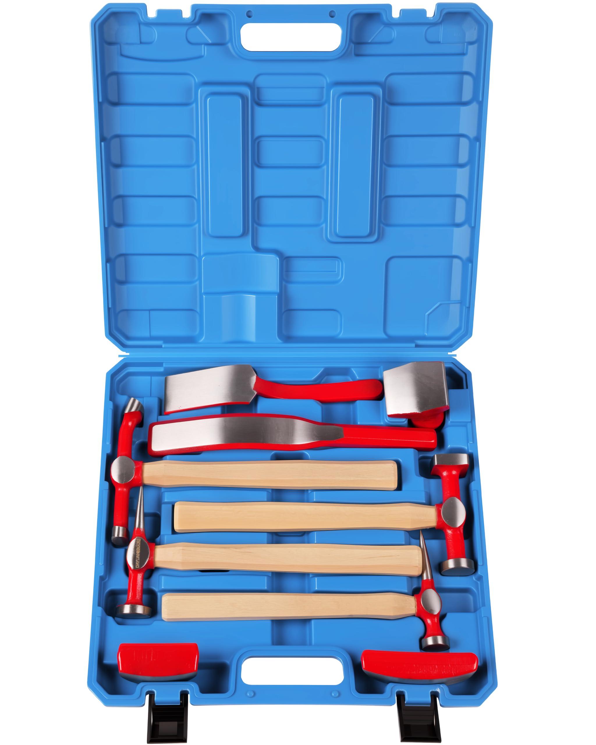 DAYUAN Set di attrezzi per riparazione auto, 9 pezzi, kit di riparazione per parafanghi | 4 martelli e 5 carrelli, forgiati per la resistenza, per riparare parafanghi, paraurti e ammaccature, custodia blu