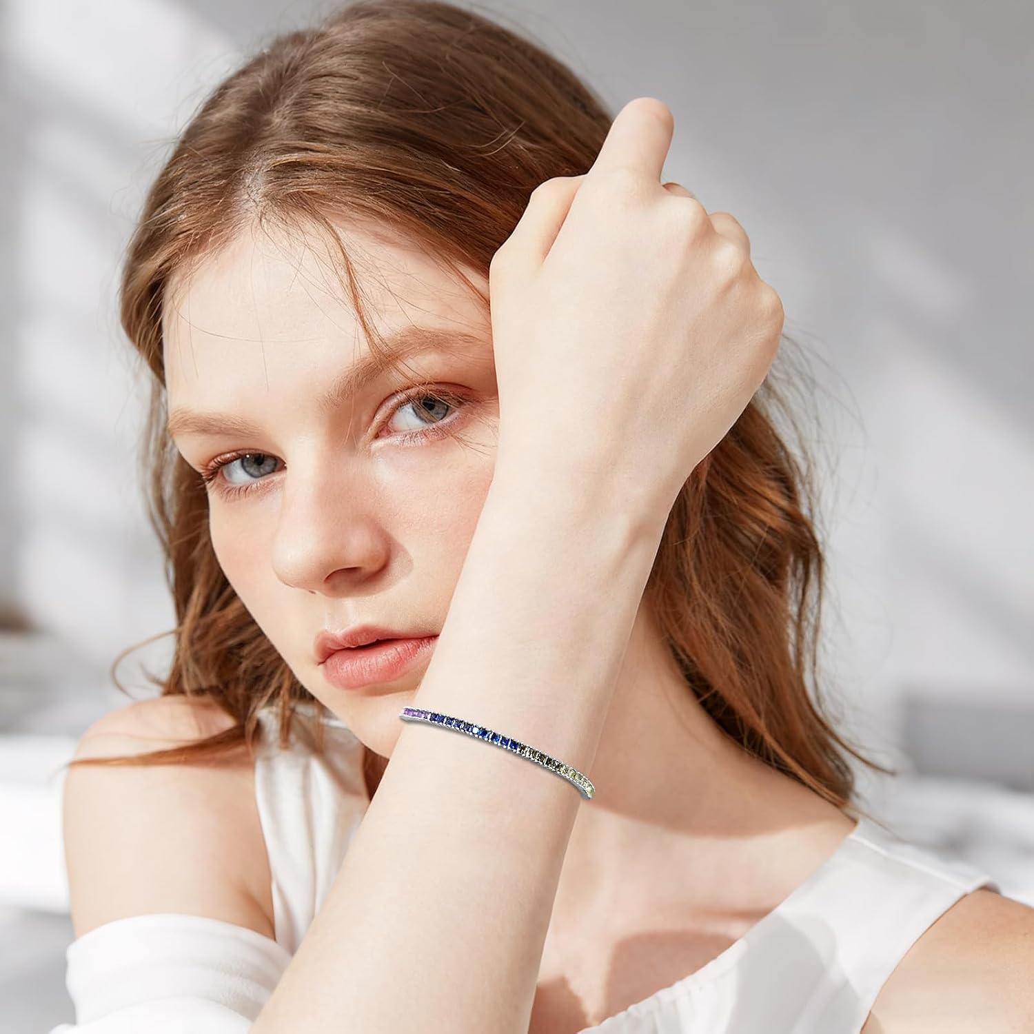 Gemsme Rainbow Tennis Bracelets for Women, 18K Gold or White Gold Plated 2.0-3.0mm Colorful CZ Link Bracelet, Dainty Stackable Jewelry Bracelet, Minimalist Wrist Chain Bracelet, 6.7 Inches (17cm)