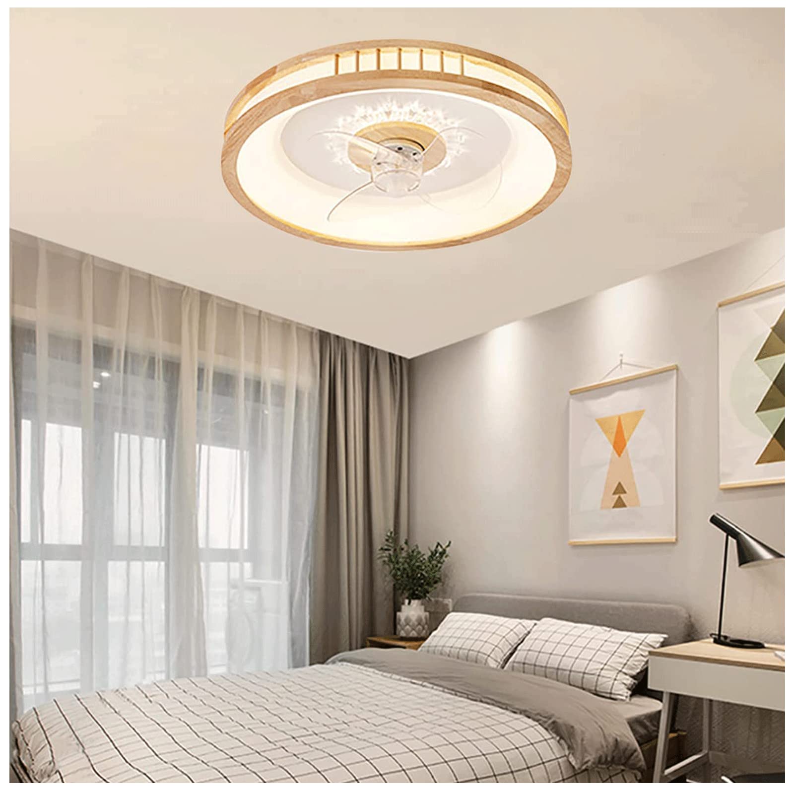 Lampy Ronde houten plafondventilatorlamp, 3 kleuren traploos dimmen LED-kroonluchter, inbouw-plafondventilator met laag profiel Meble