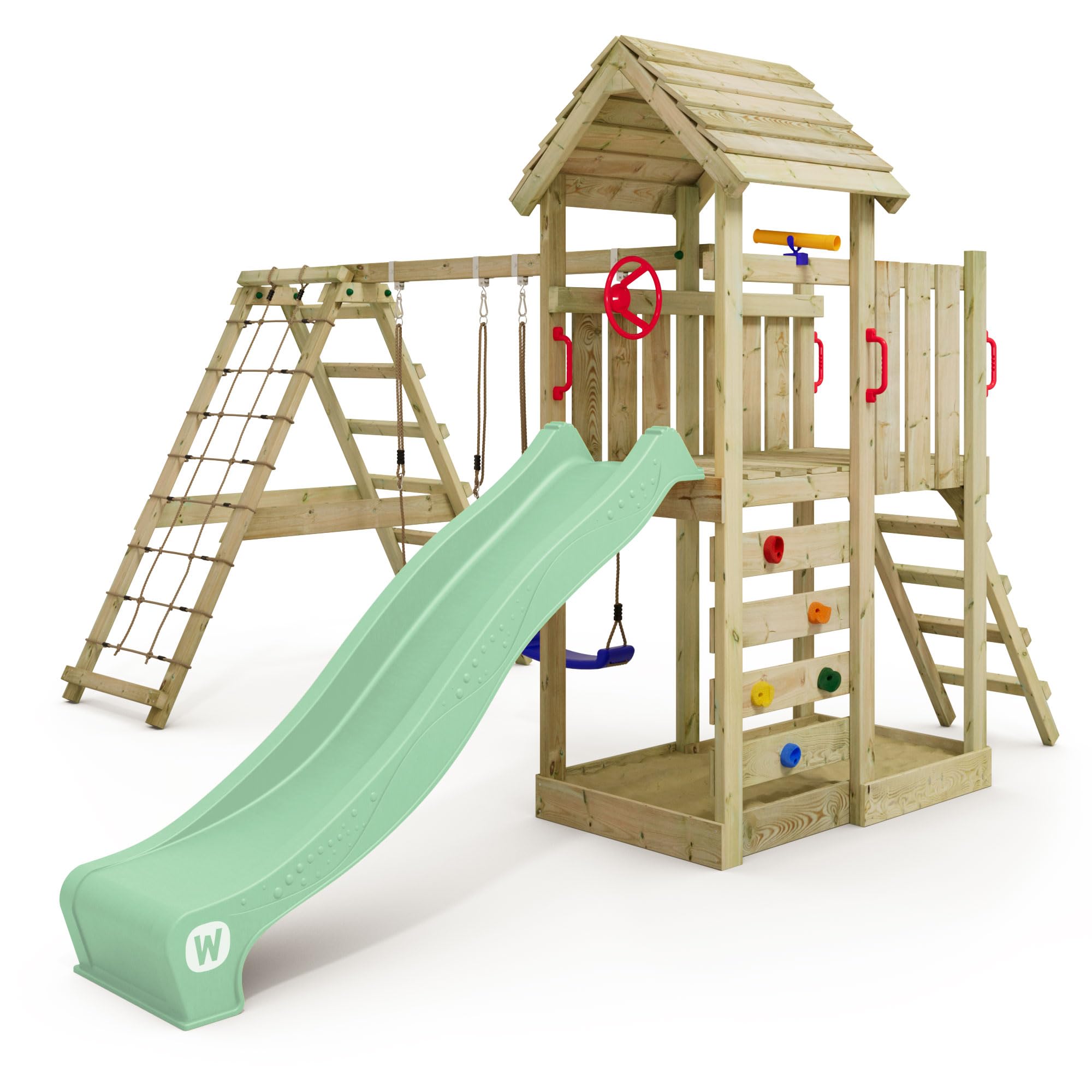 Gioco da giardino WICKEY RocketFlyer con tetto in legno, altalena e scivolo, struttura da esterno per bambini con sabbiera, scaletta e accessori da gioco - verde pastello