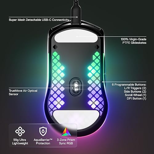 Miniatura 3 de SteelSeries Aerox 3 - Ratón Gaming RGB con Perforaciones - Diseño Ultraligero Resistente al Agua - Sensor Óptico TrueMove Core de 8,500 DPI - Onyx