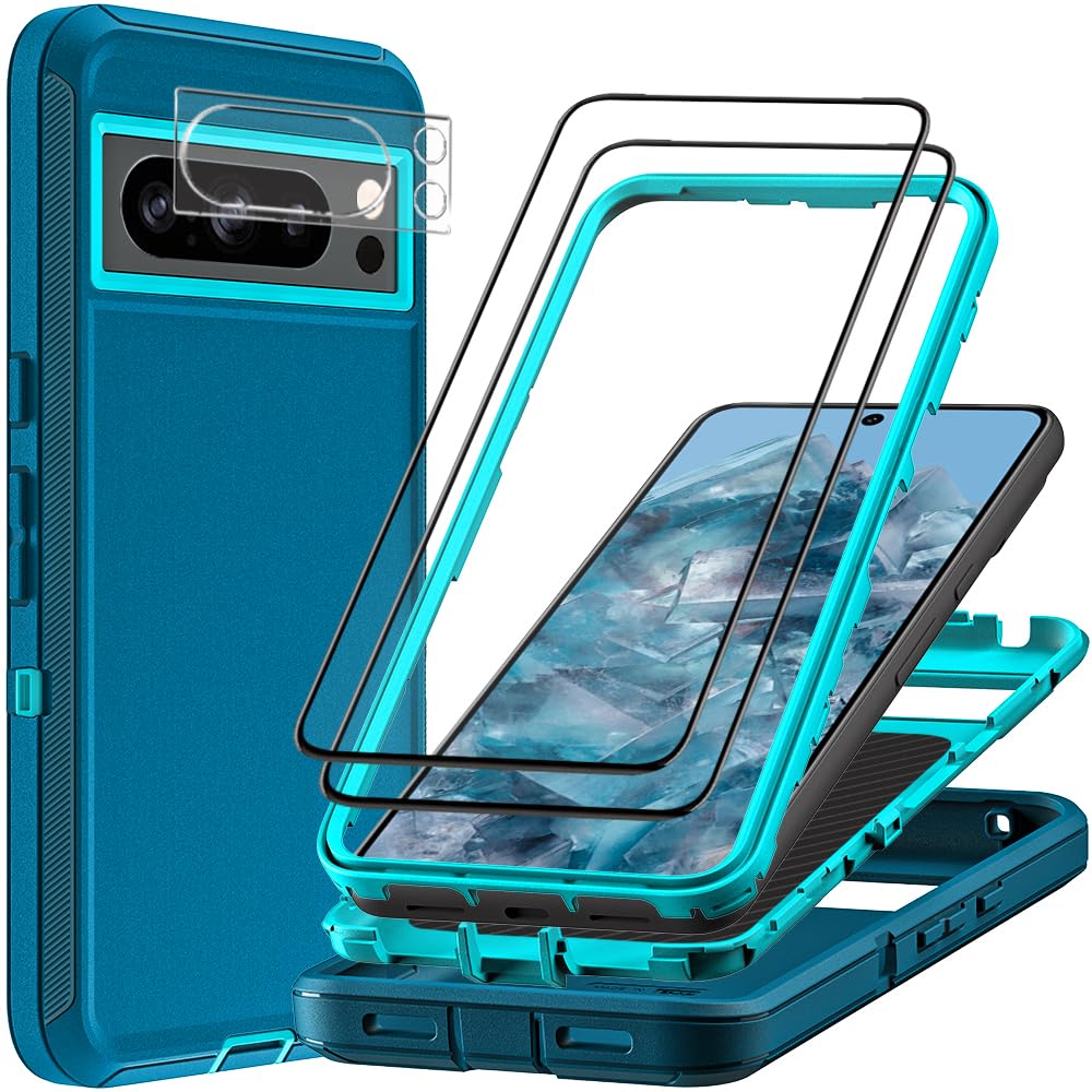 Funda para Google Pixel 8 Pro con 2 protectores de pantalla de vidrio templado y 1 protector de lente de cámara, grado militar 3 en 1, resistente, a prueba de golpes, caídas y polvo